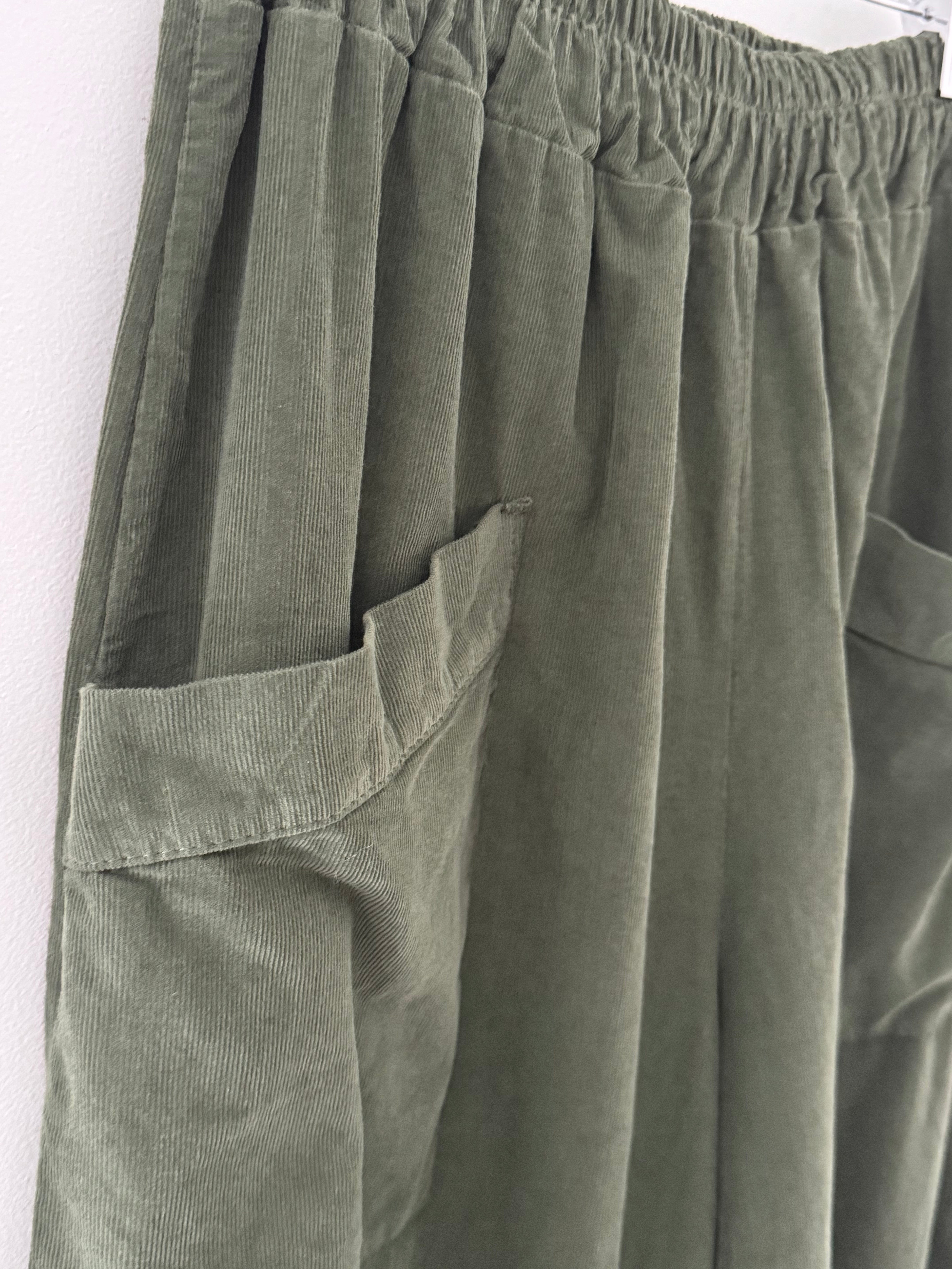 Cord Barrel Leg Trousers in Khaki