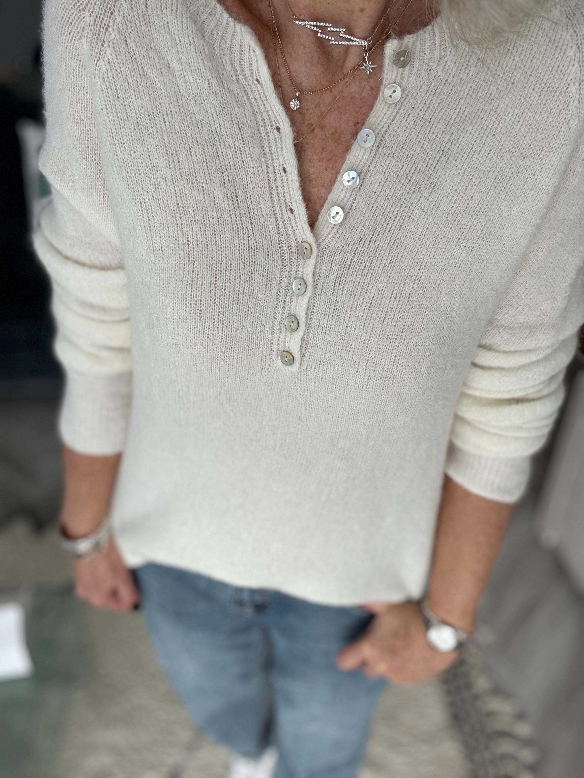 Softie Jumper with Button Neck in Ivory