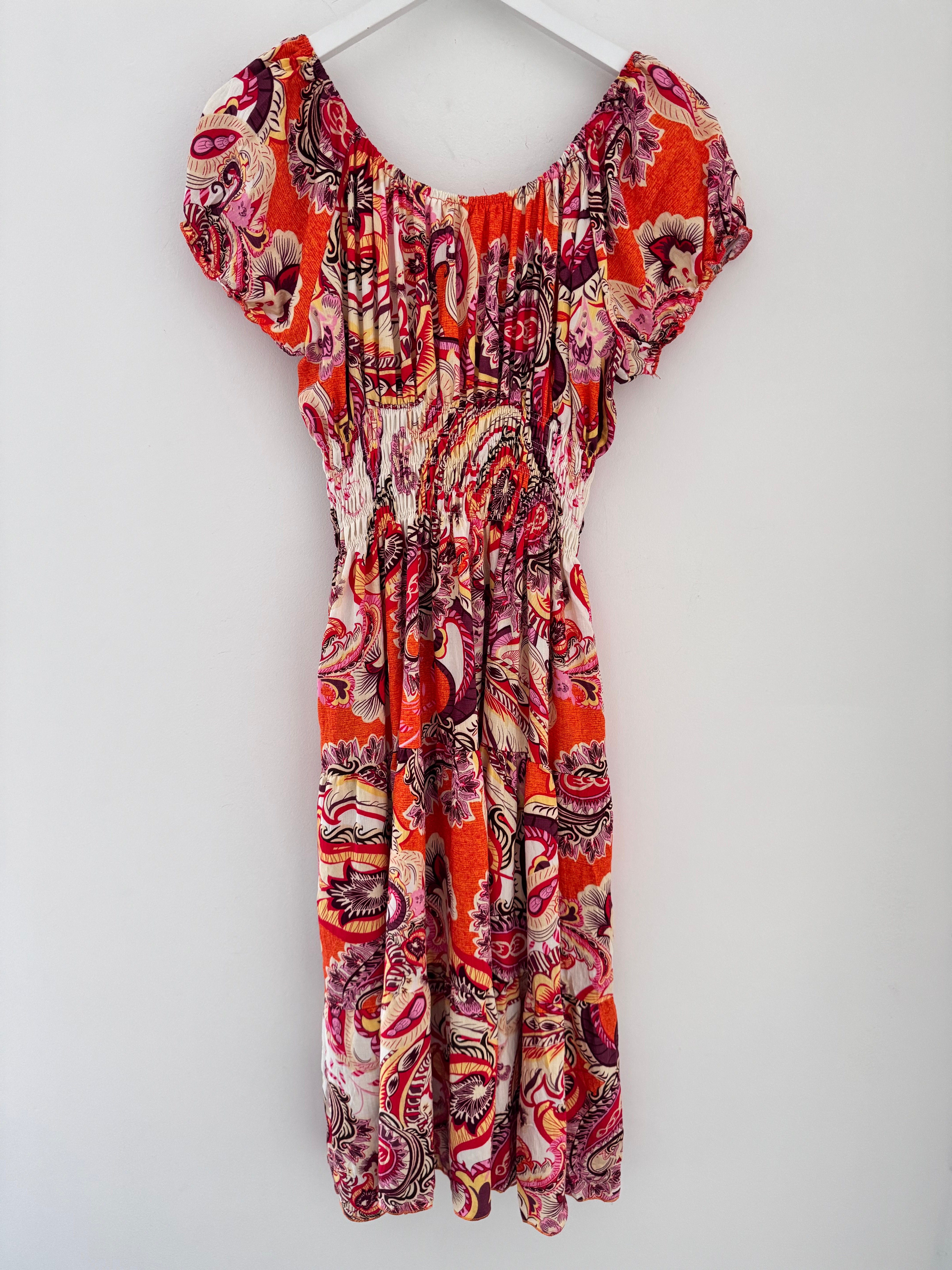 Bardot Dress in Orange & Plum