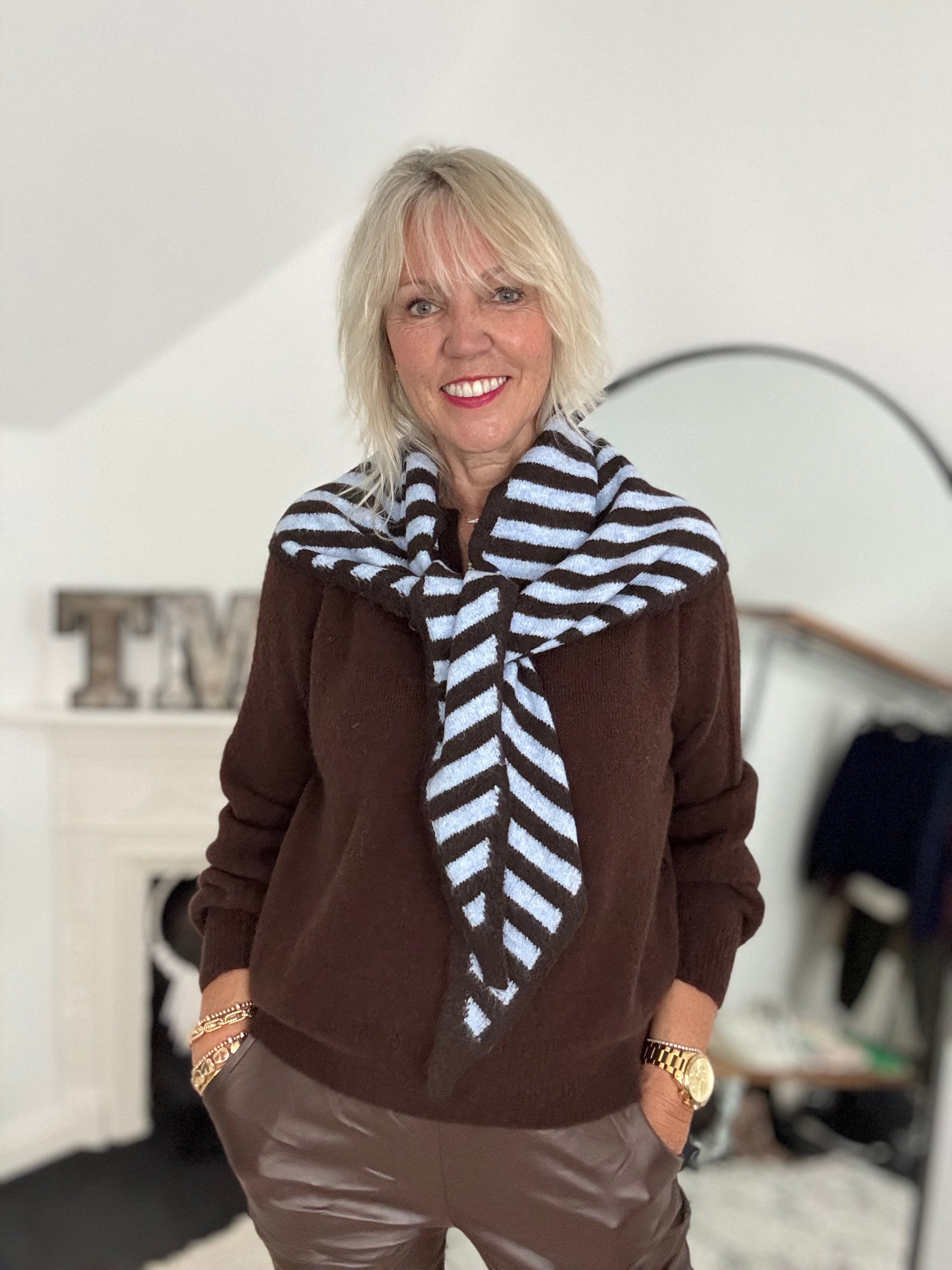Triangle Scarf in Blue & Cocoa Stripe