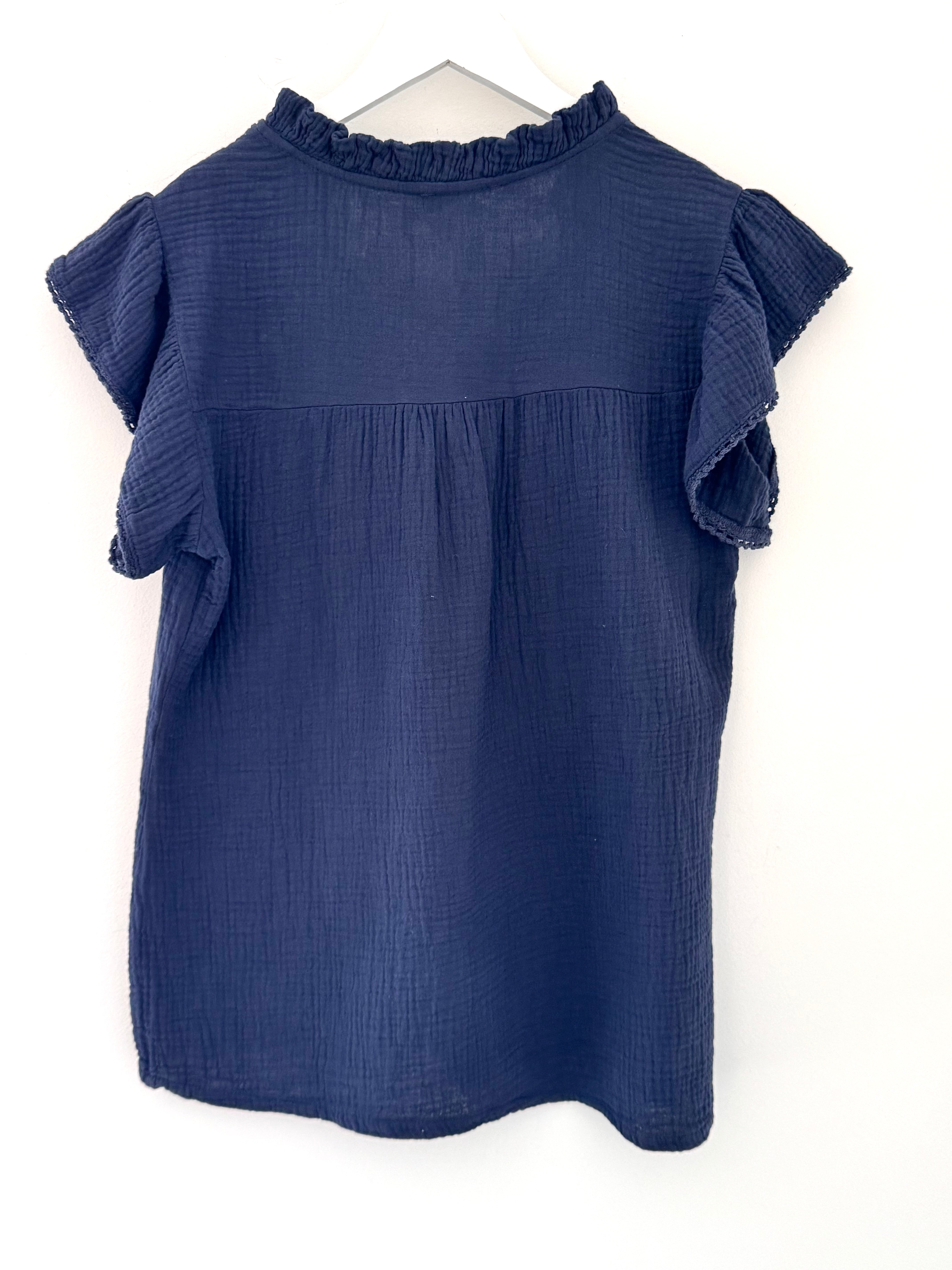 Cheesecloth Top with Ruffle Sleeves in Navy