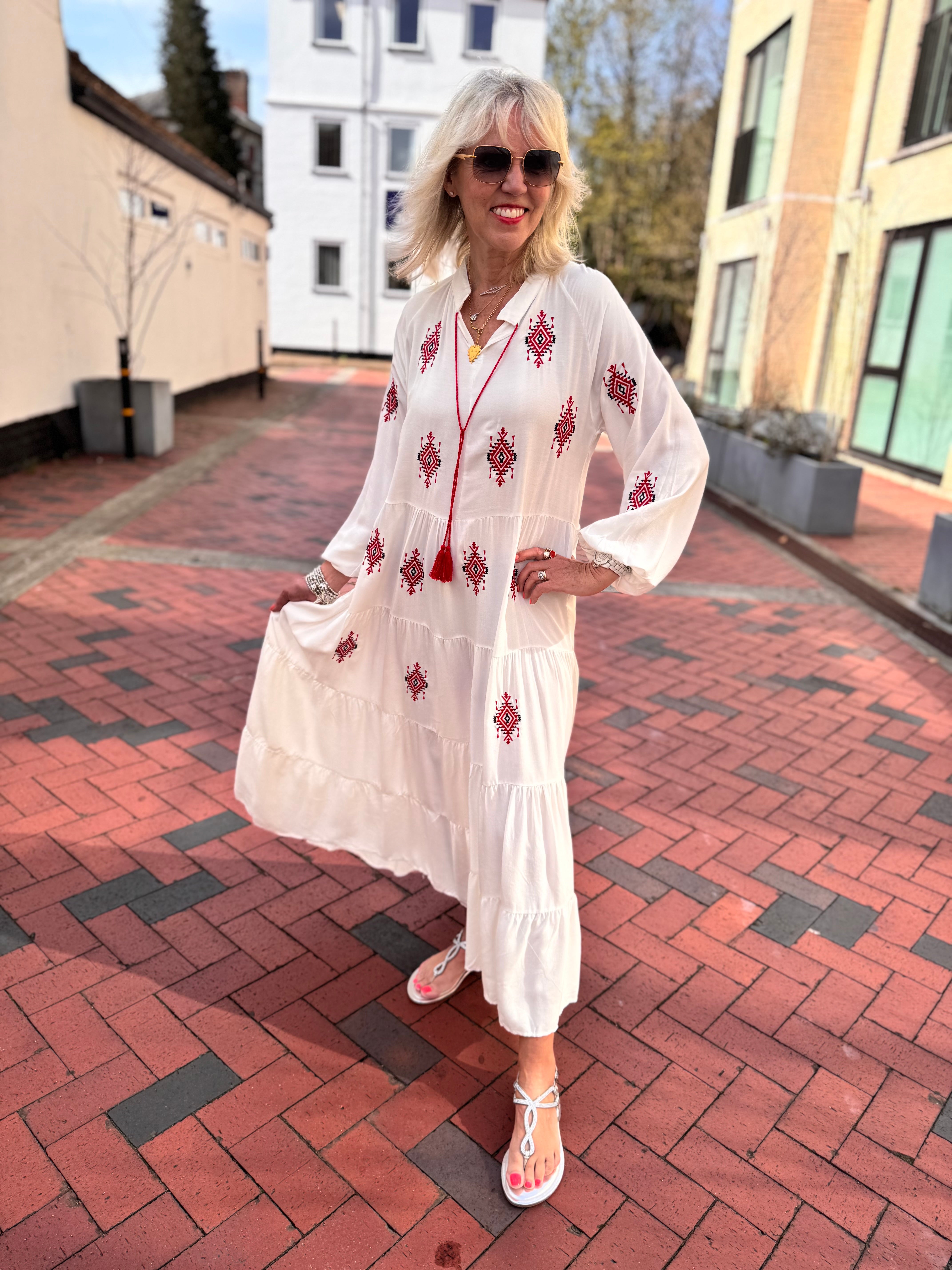 Embroidered Buttoned Midi Dress in White