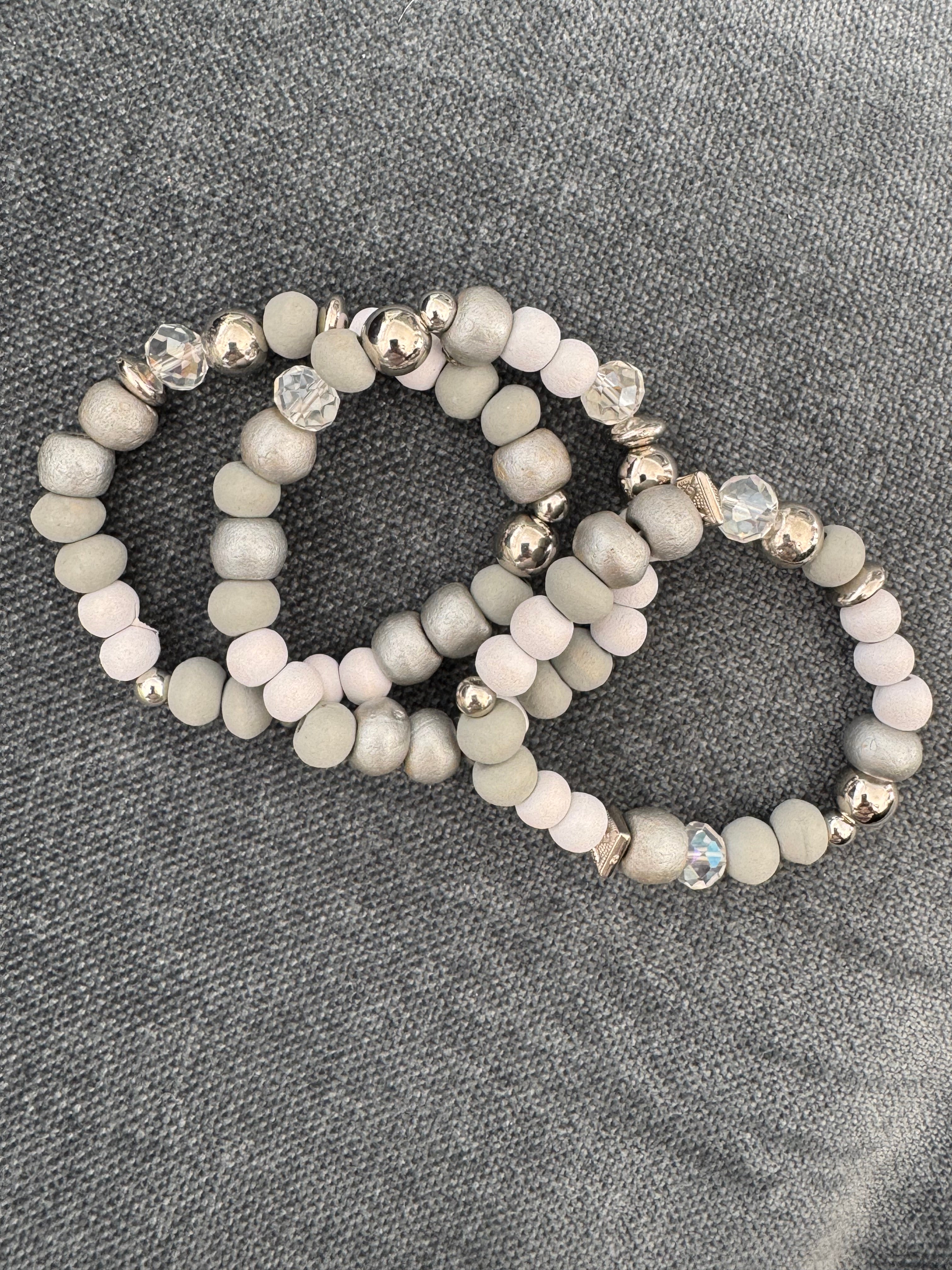 Triple Beaded Bracelet Stack in Grey & White