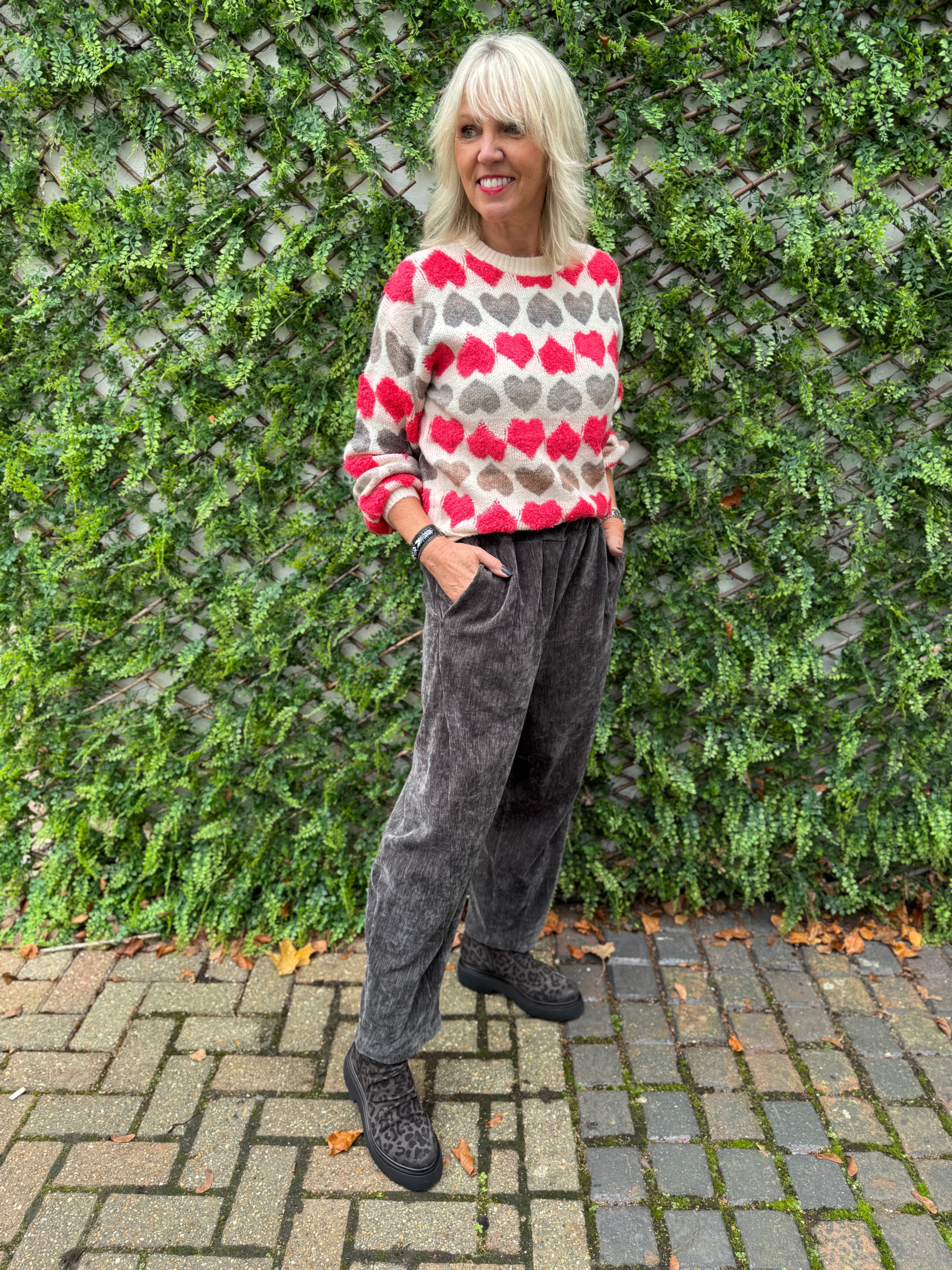 Hearts Sweater in Coral Red & Mocha