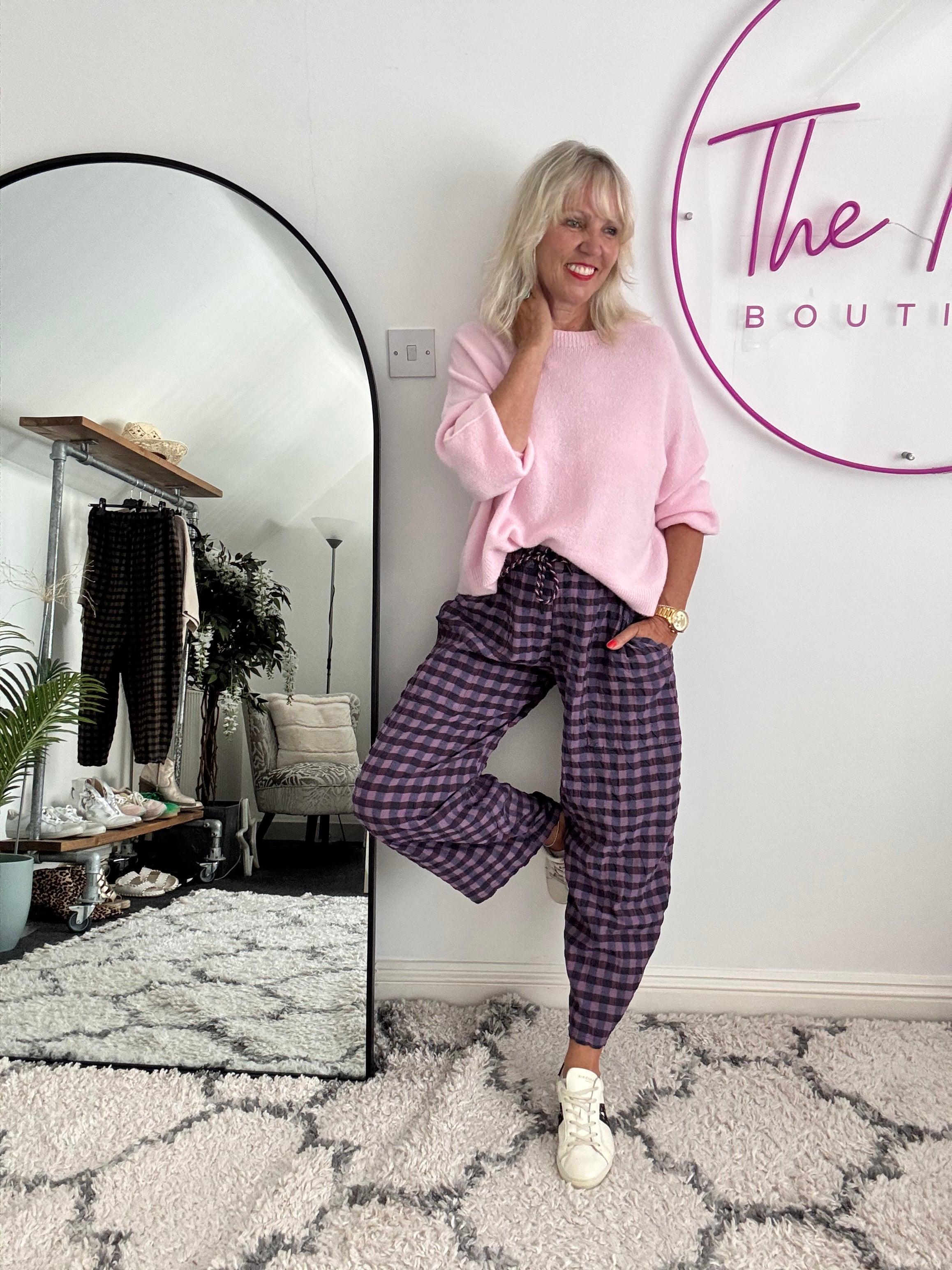 Barrel Check Trousers in Plum & Navy