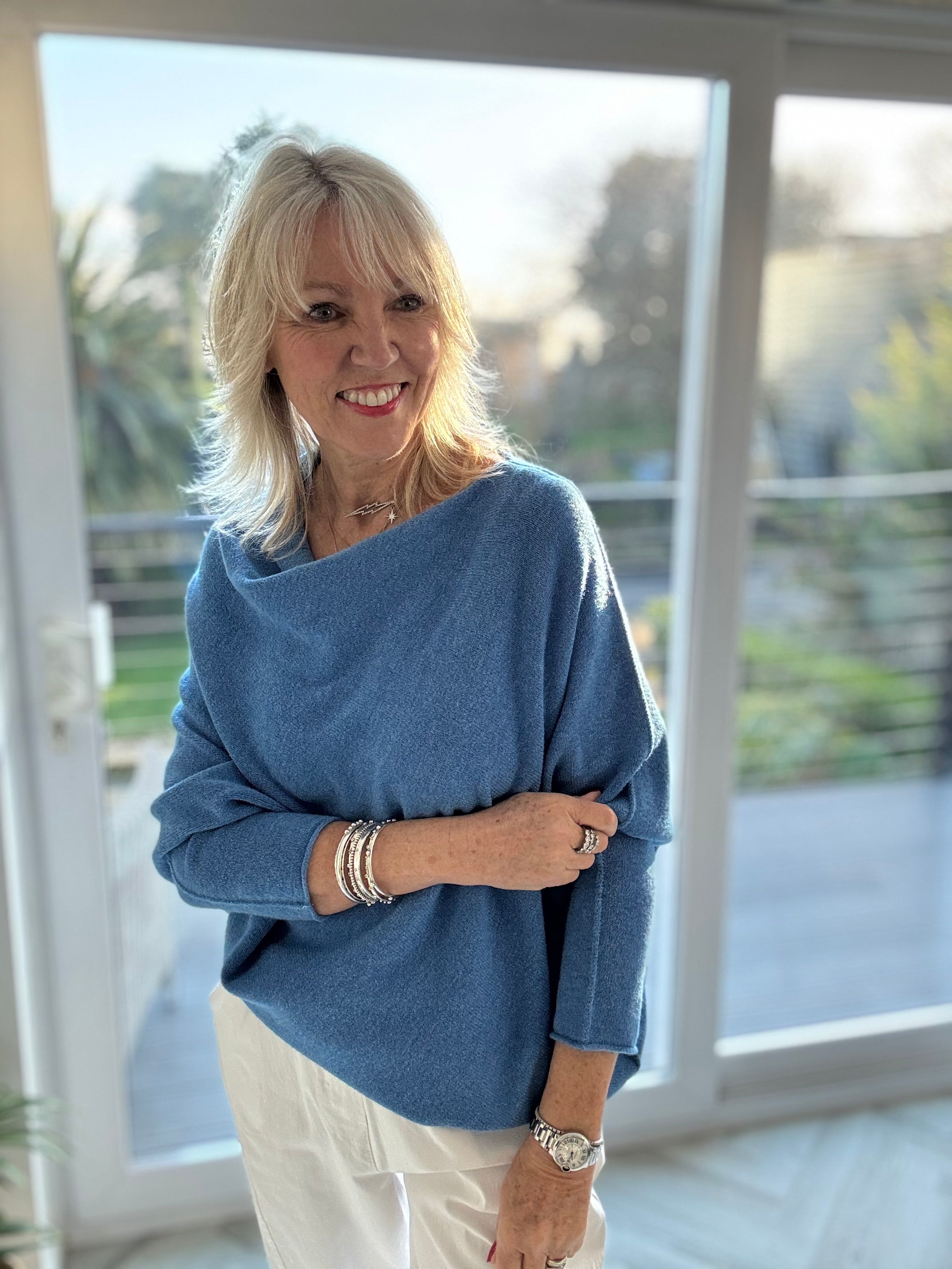 Cowl Neck Asymmetric Jumper in Cornflower