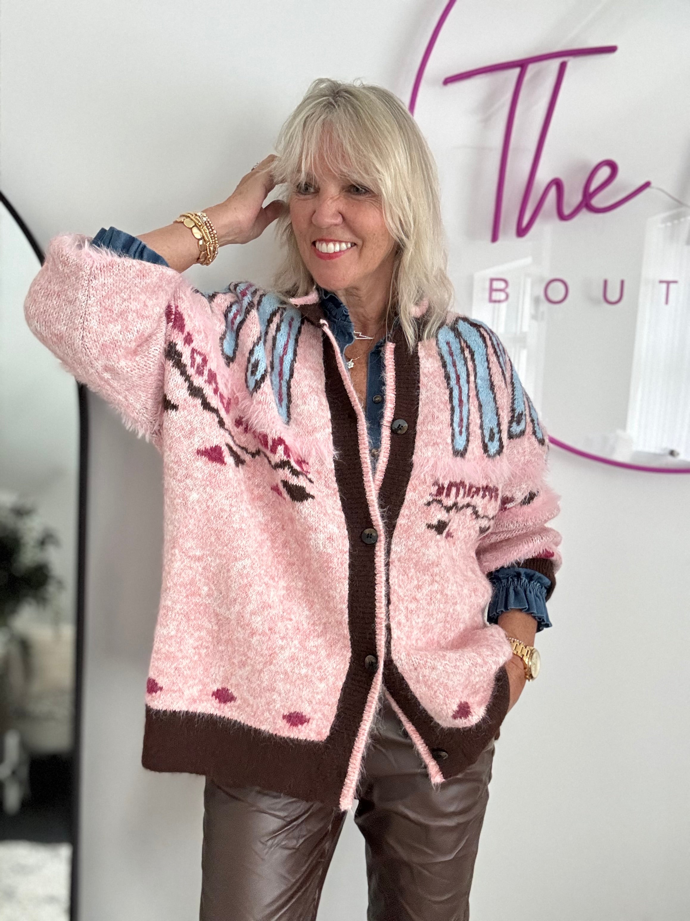 Oversized Designer Cardi in Pink & Chocolate