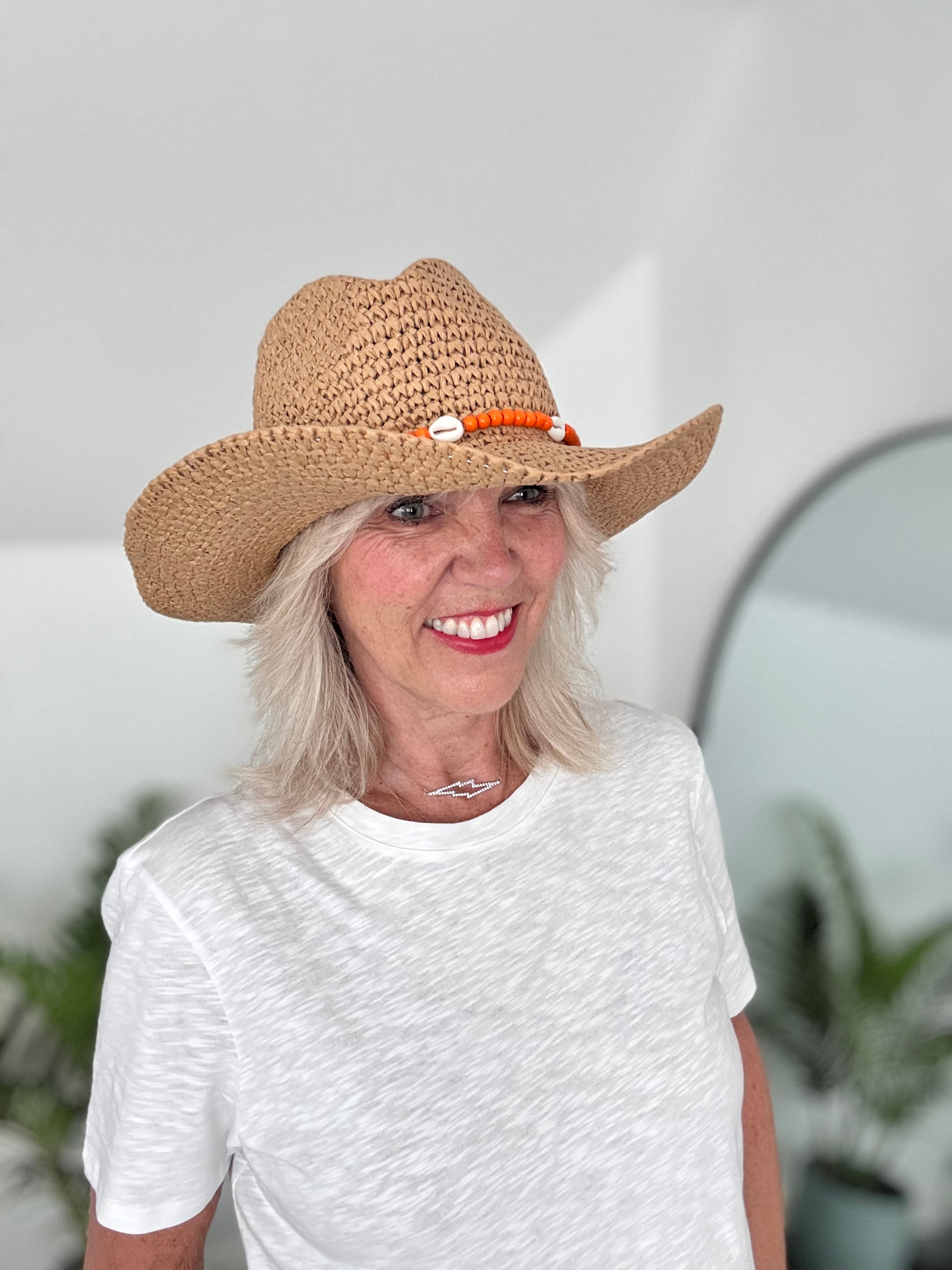 Straw Hat with Orange Bead & Shell Tie