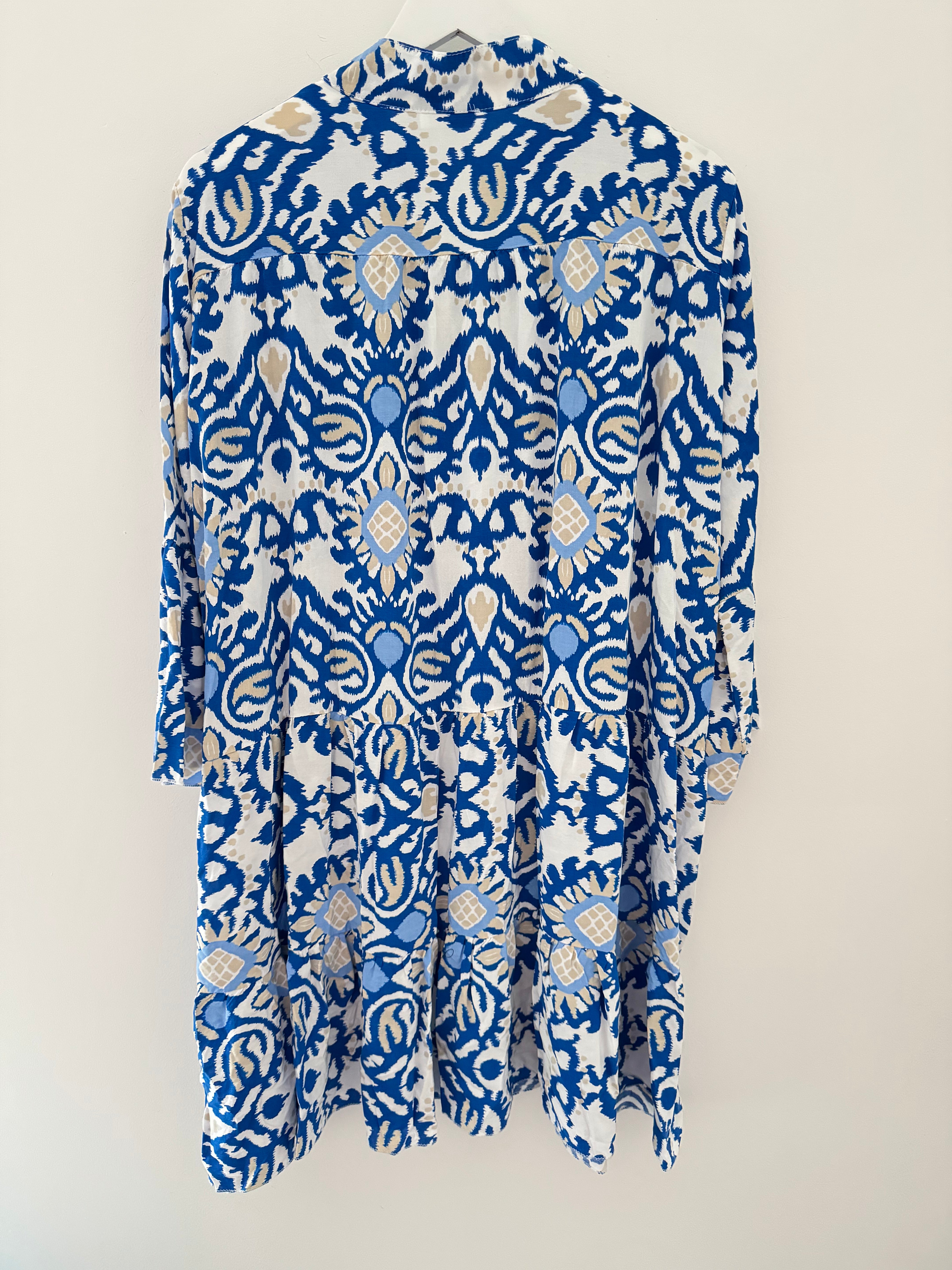 Tiered Print Dress in Blue & White