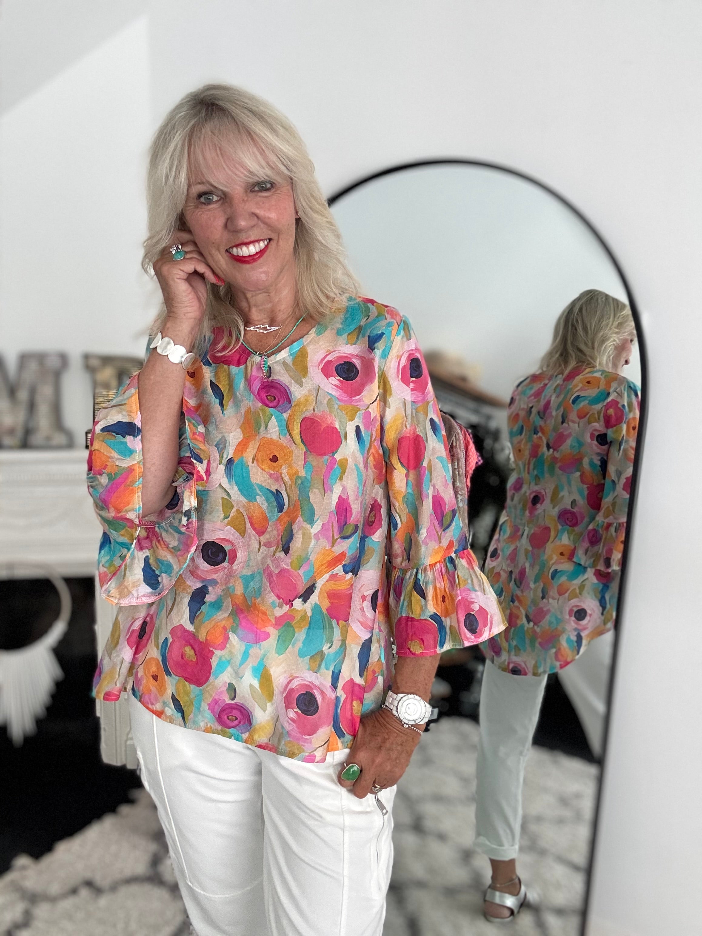 Silky Floral Top with Ruffle Sleeves
