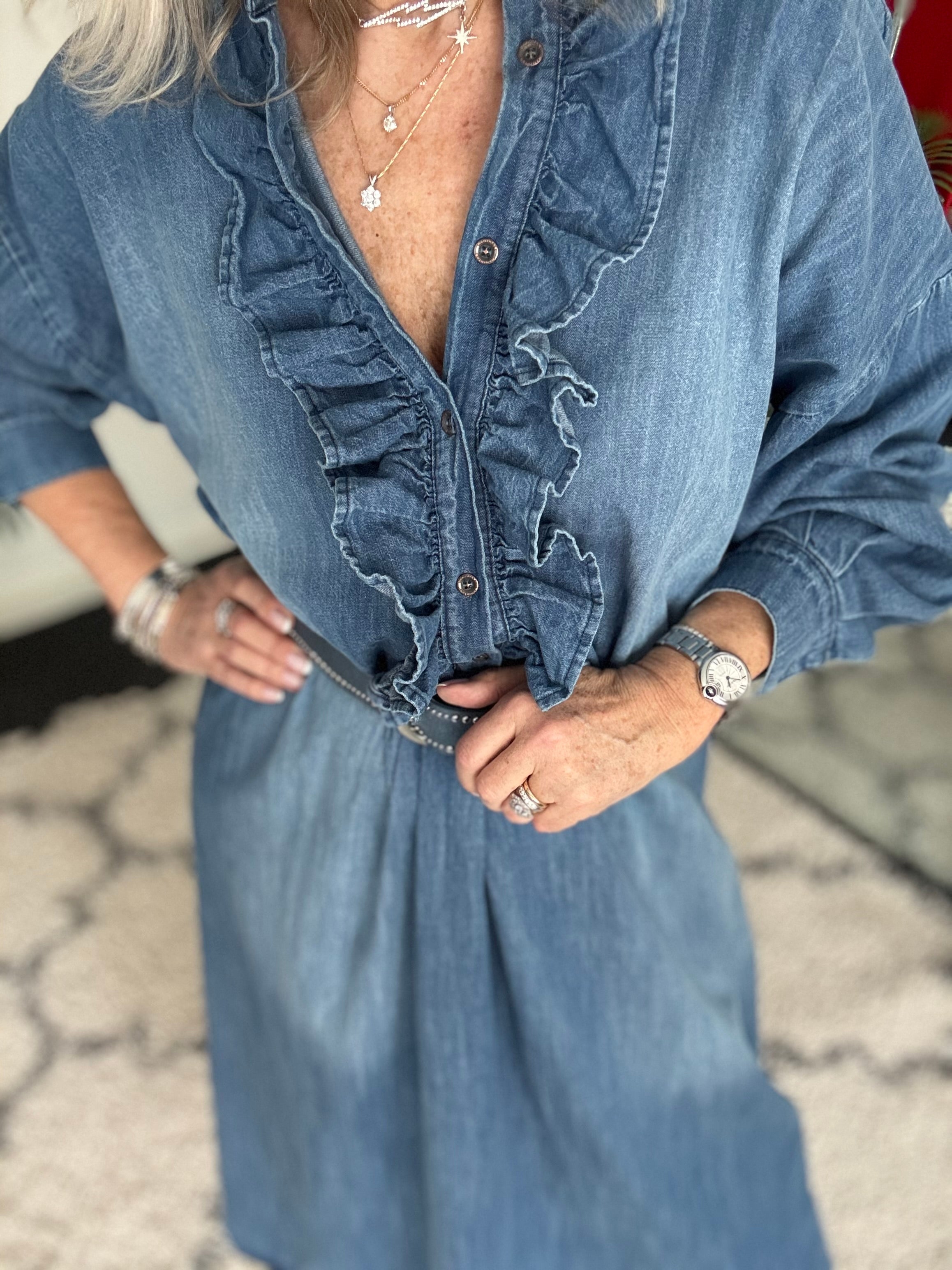 Designer Denim Dress with Ruffles