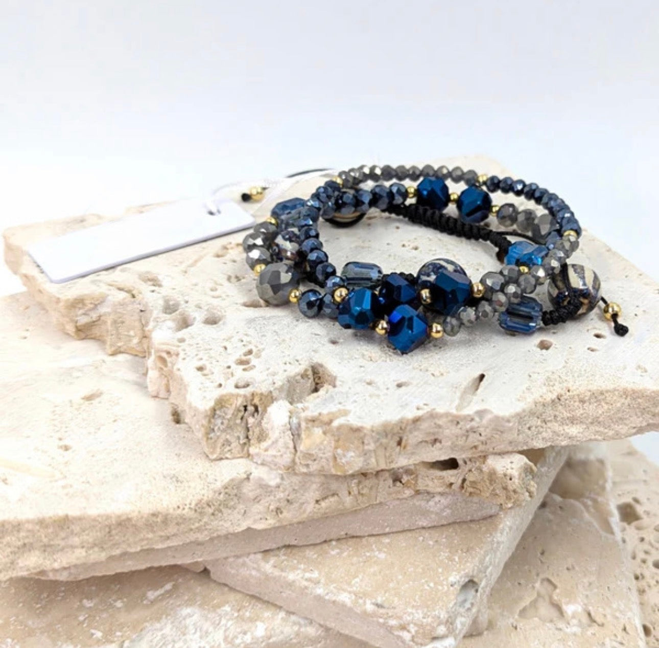 Triple Bracelet Stack in Kingfisher Blue & Smokey Grey