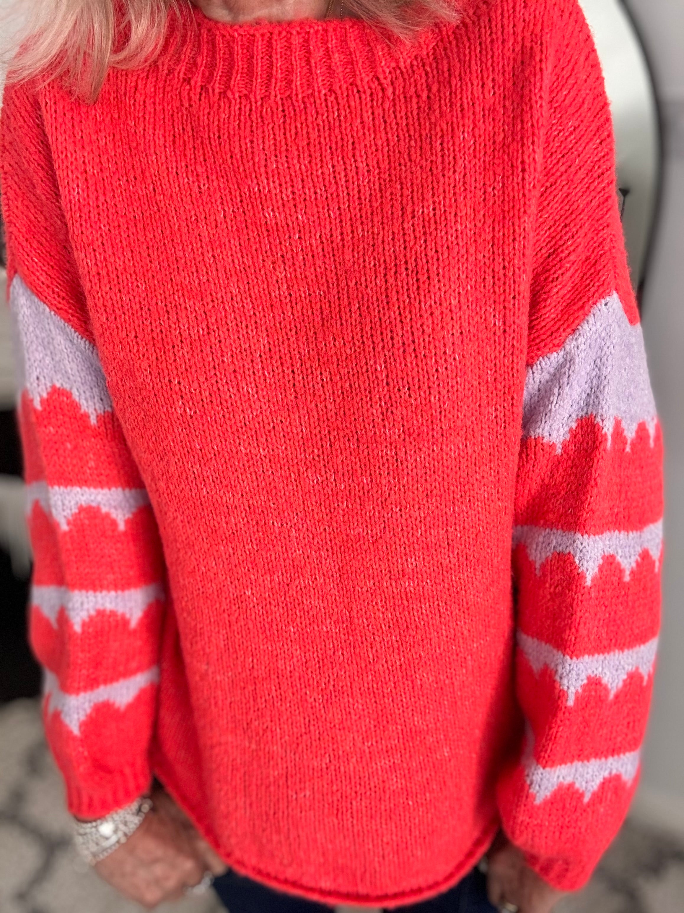 Coral Jumper with Stripe Lilac Sleeves