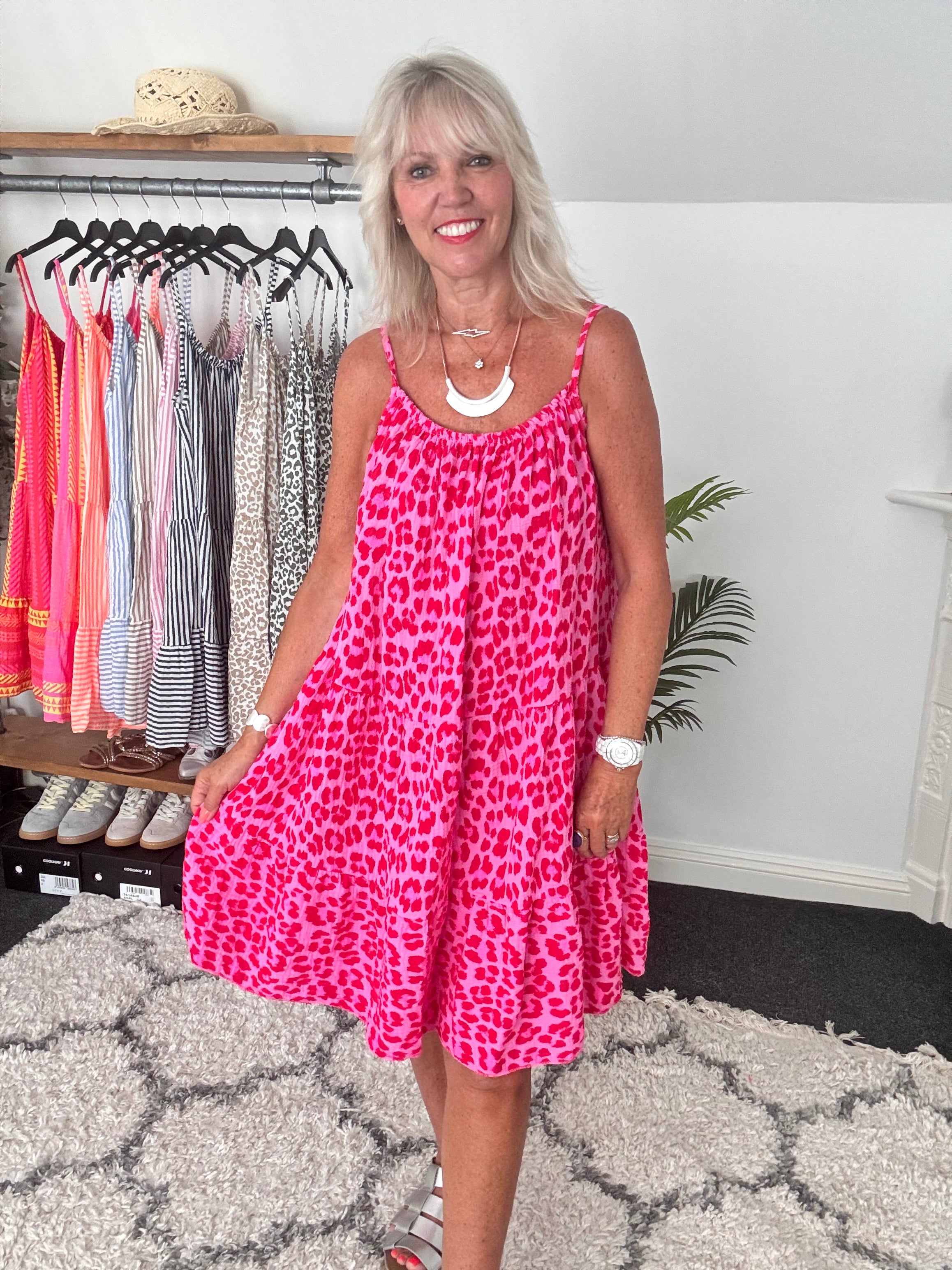 Leopard Cheesecloth Dress in Red & Candy Pink