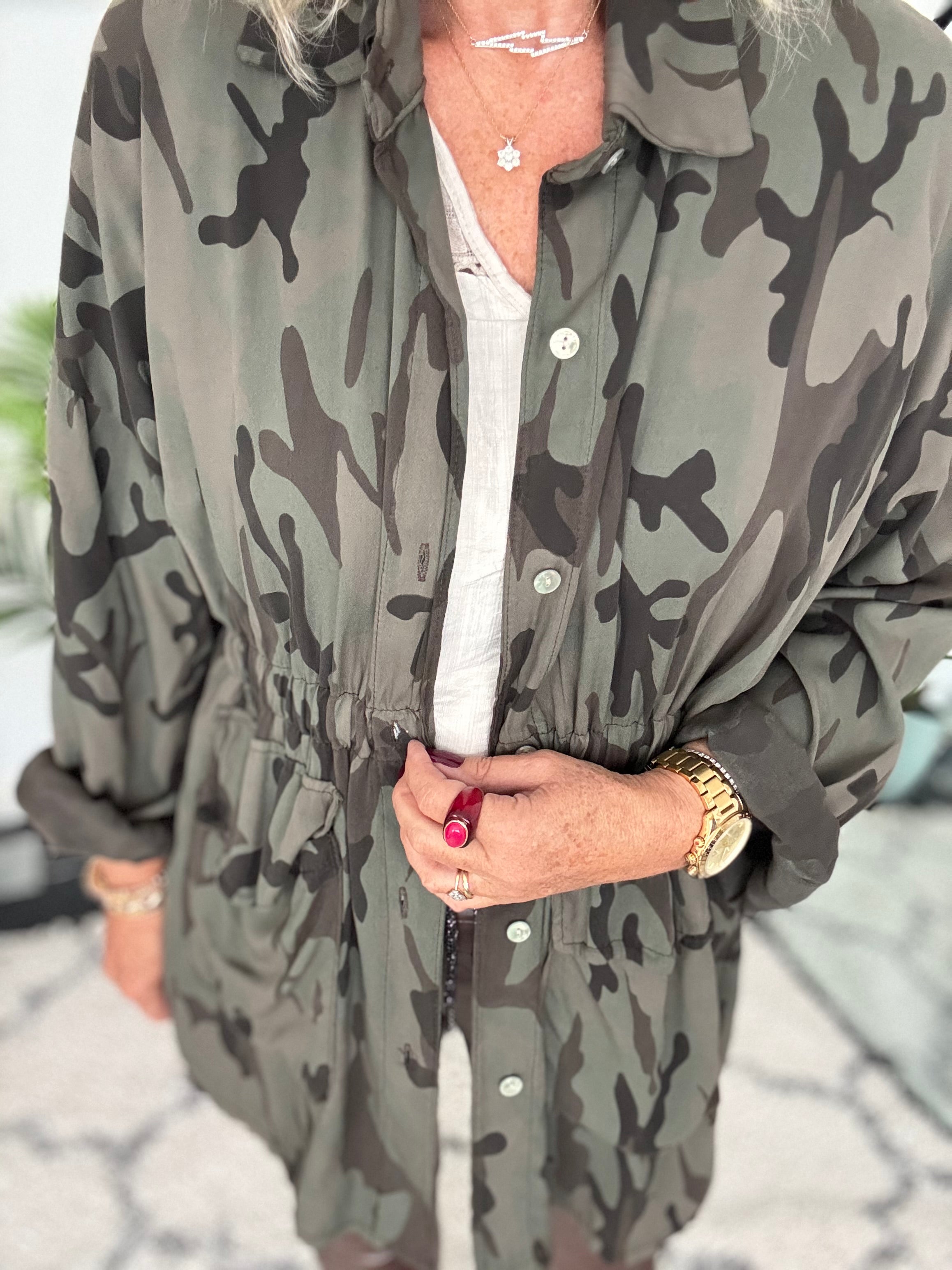 Light Camo Shacket in Khaki & Chocolate