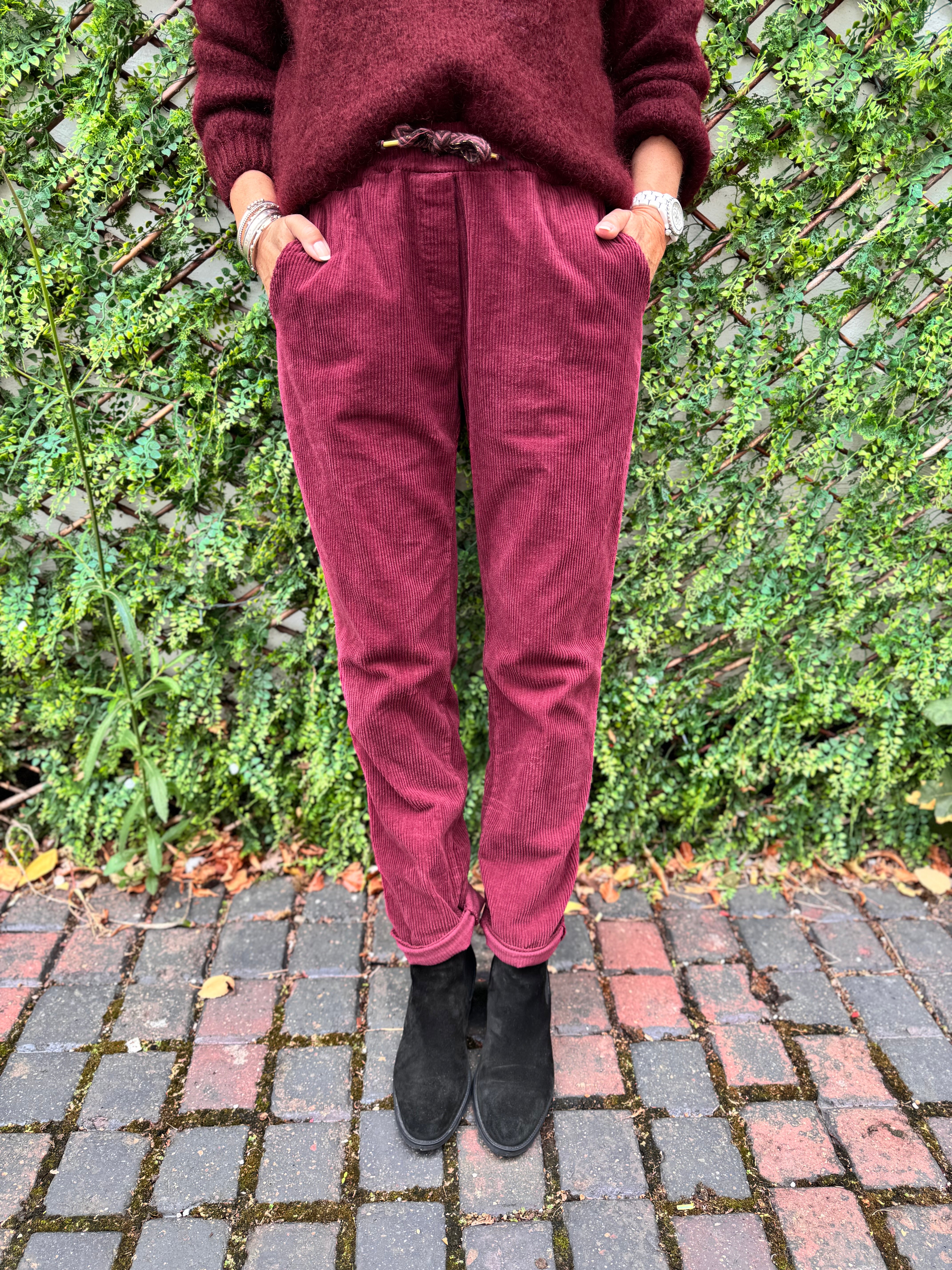 Luxe Cord Joggers in Berry
