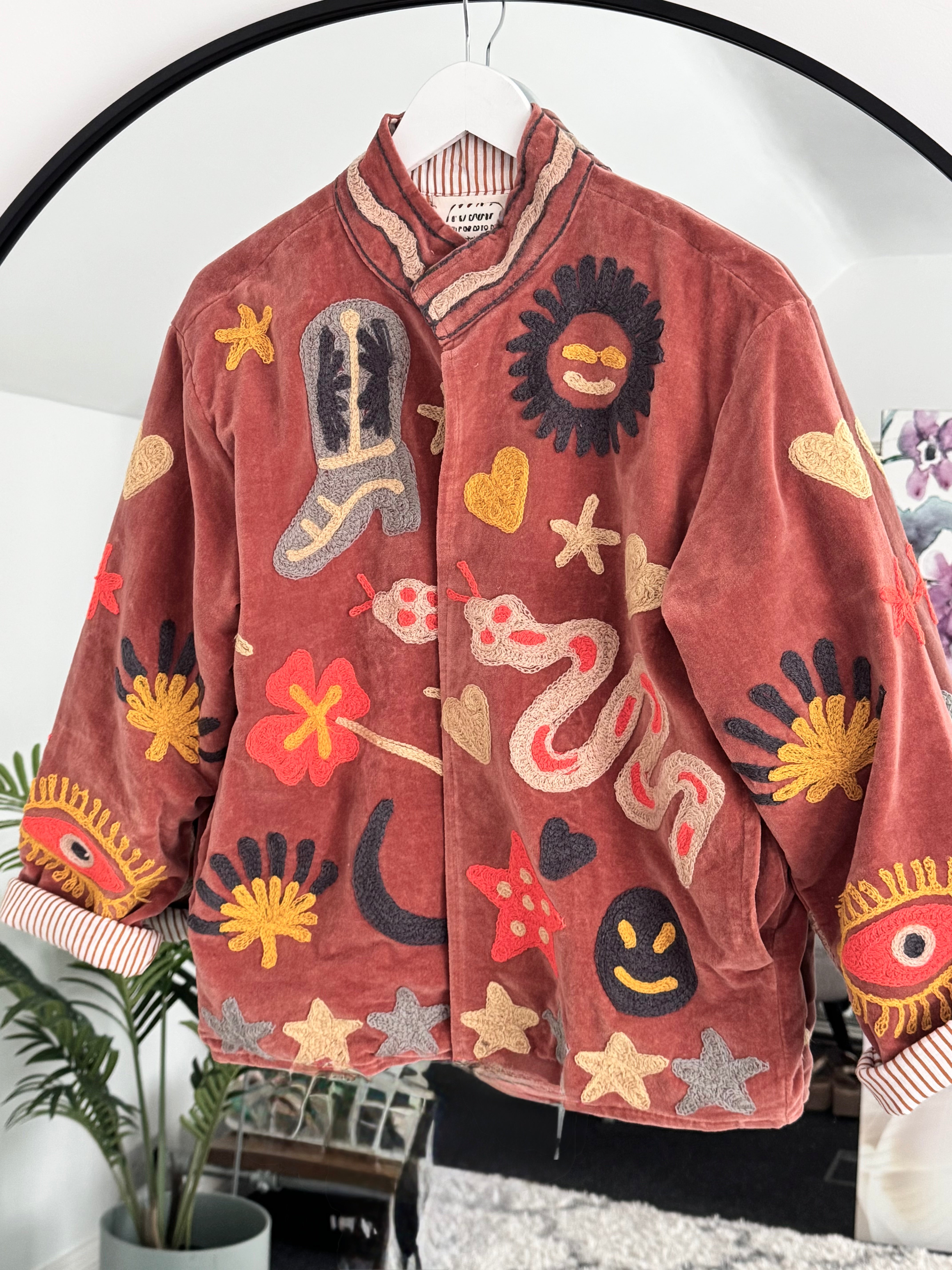 Artisan Velvet Jacket with Appliqued Folk Art in Sienna