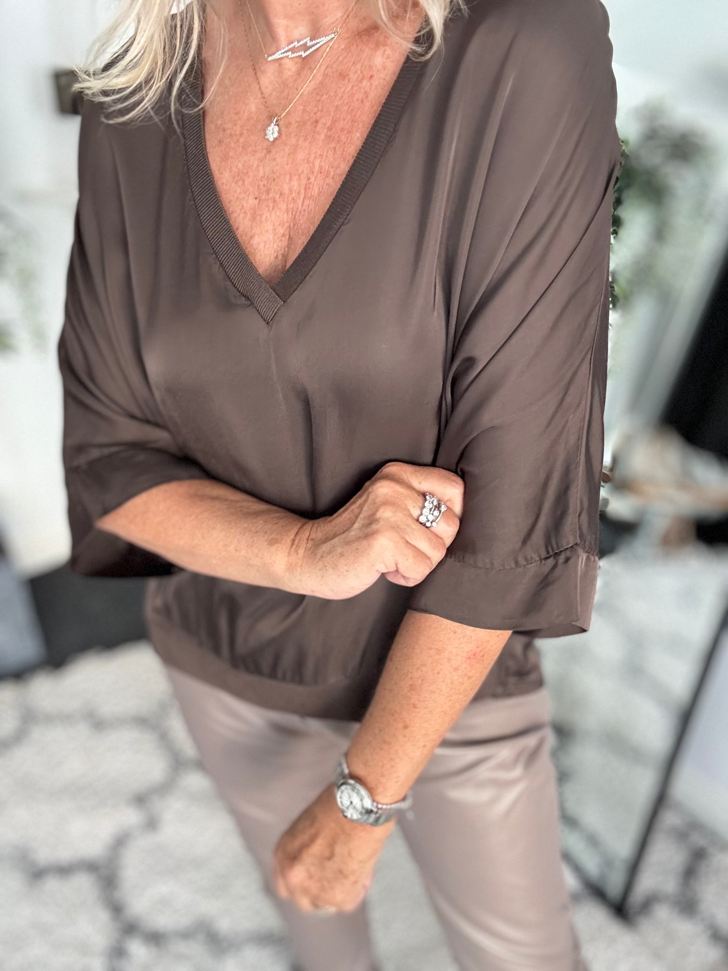 Silky V Neck Top in Chocolate