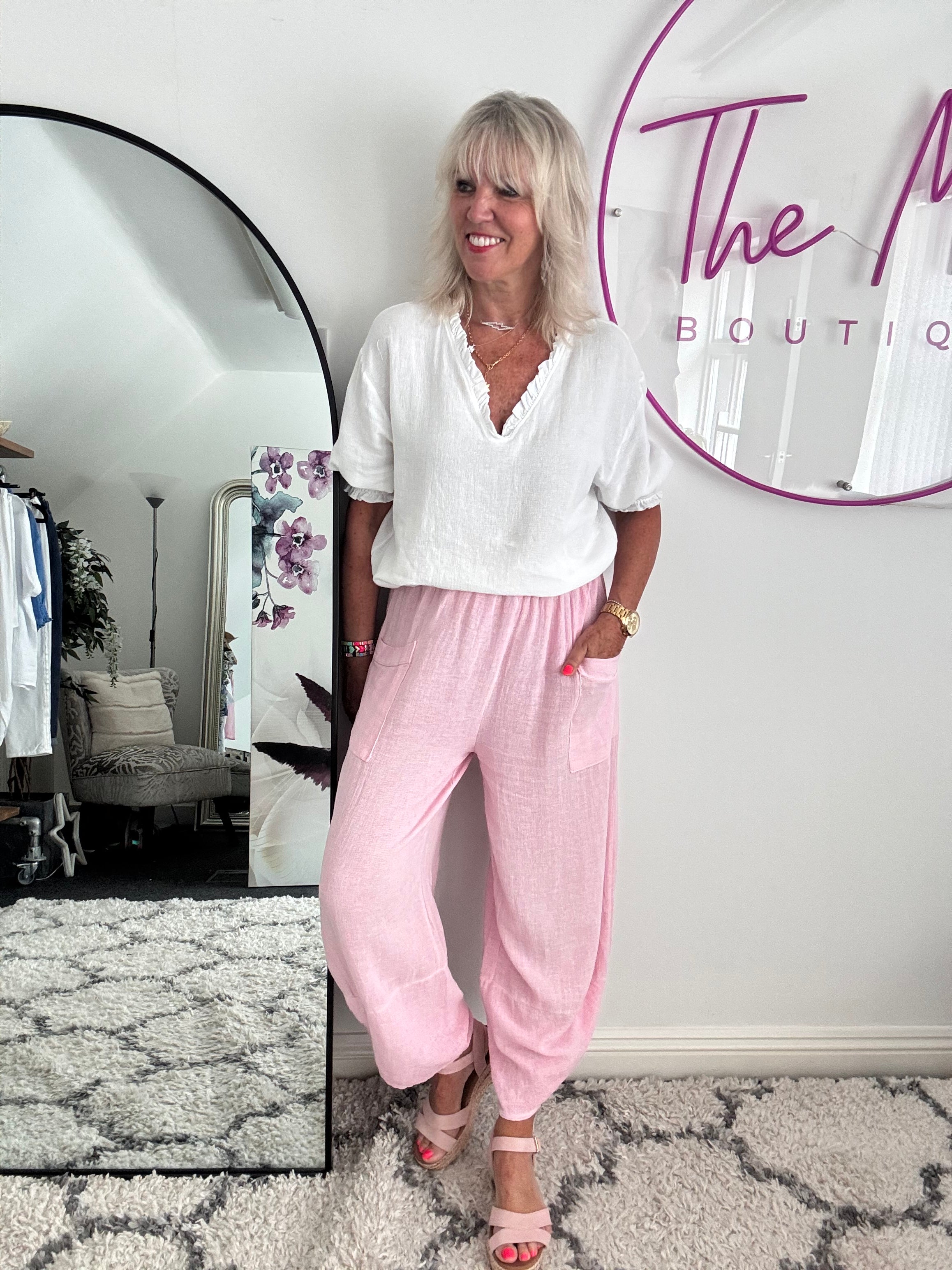 Linen & Cotton Barrel Trousers in Baby Pink