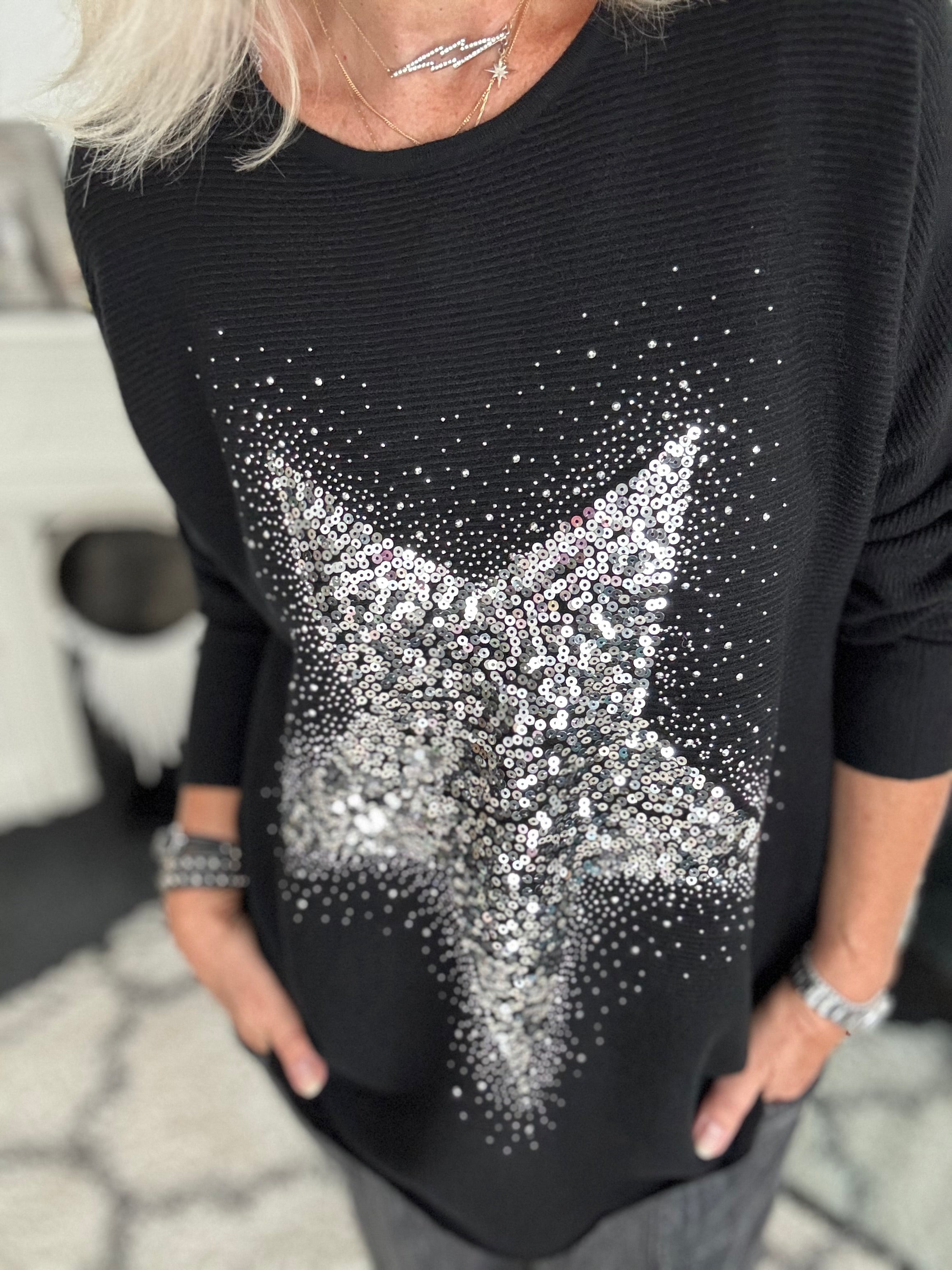 Ribbed Sequin Star Jumper in Black