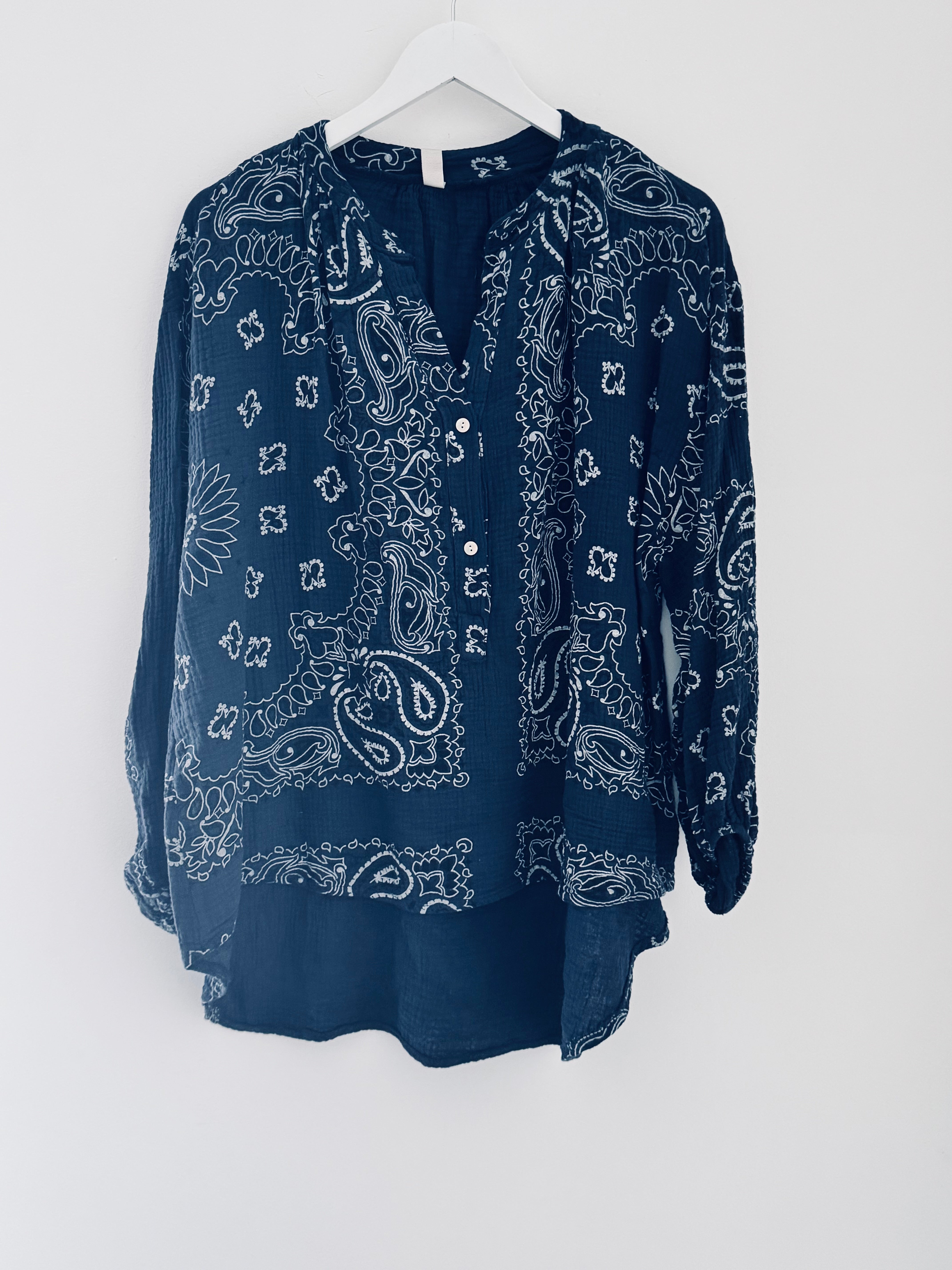 Oversized Paisley Cheesecloth Shirt in Navy
