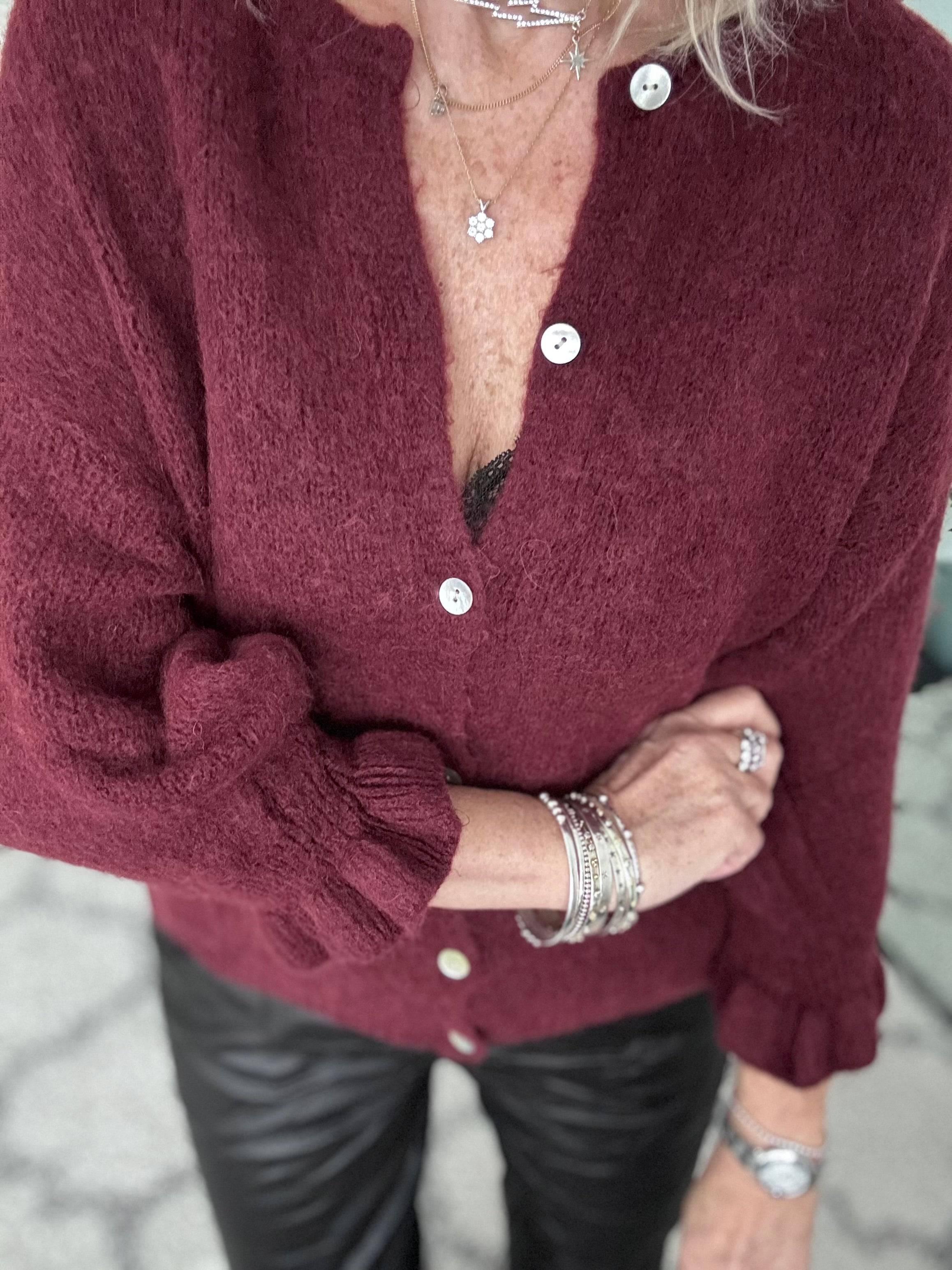 Alpaca Cardi with Frill Cuffs in Wine