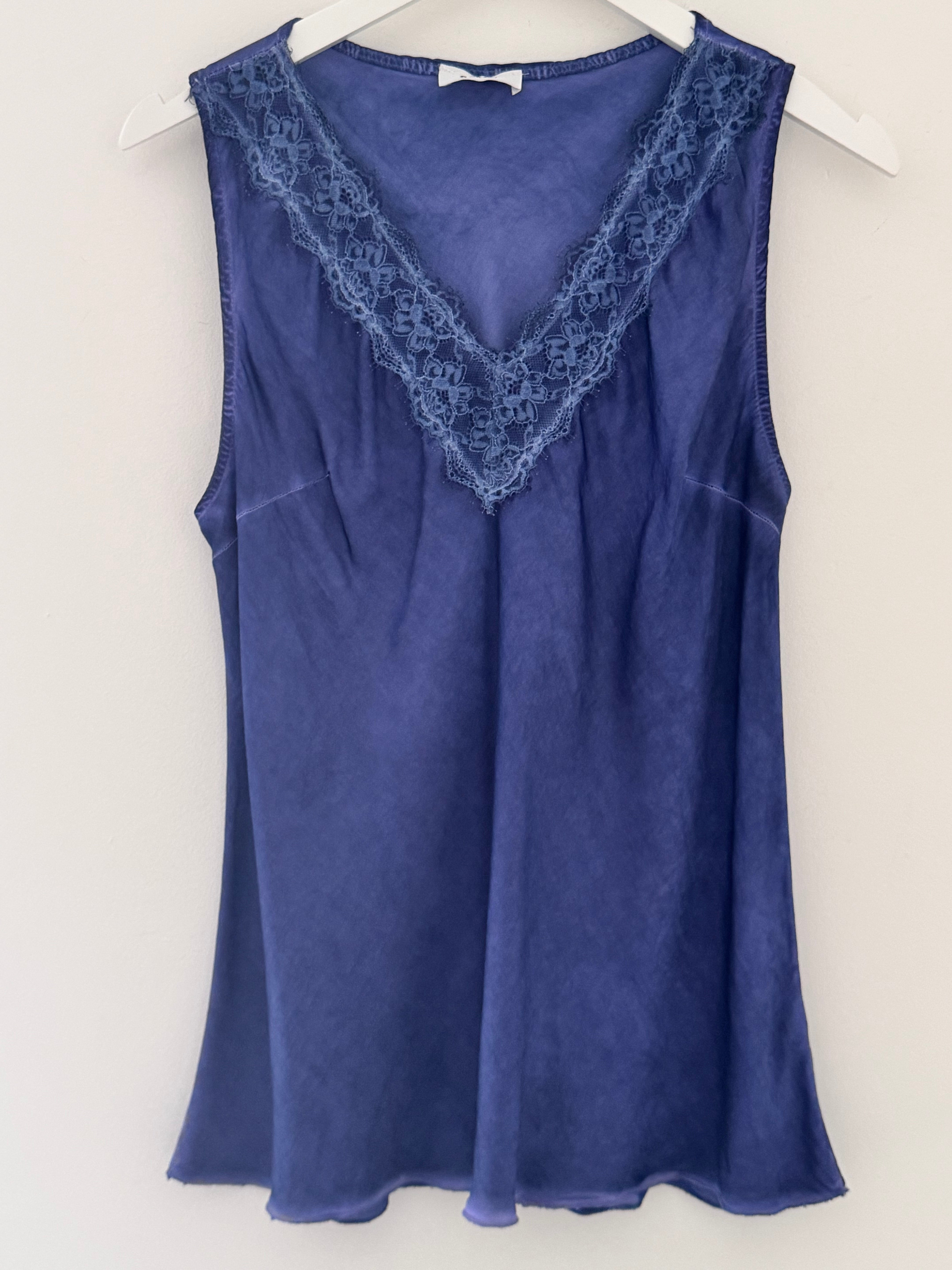 Lace Trim Silk Top in Indigo Blue