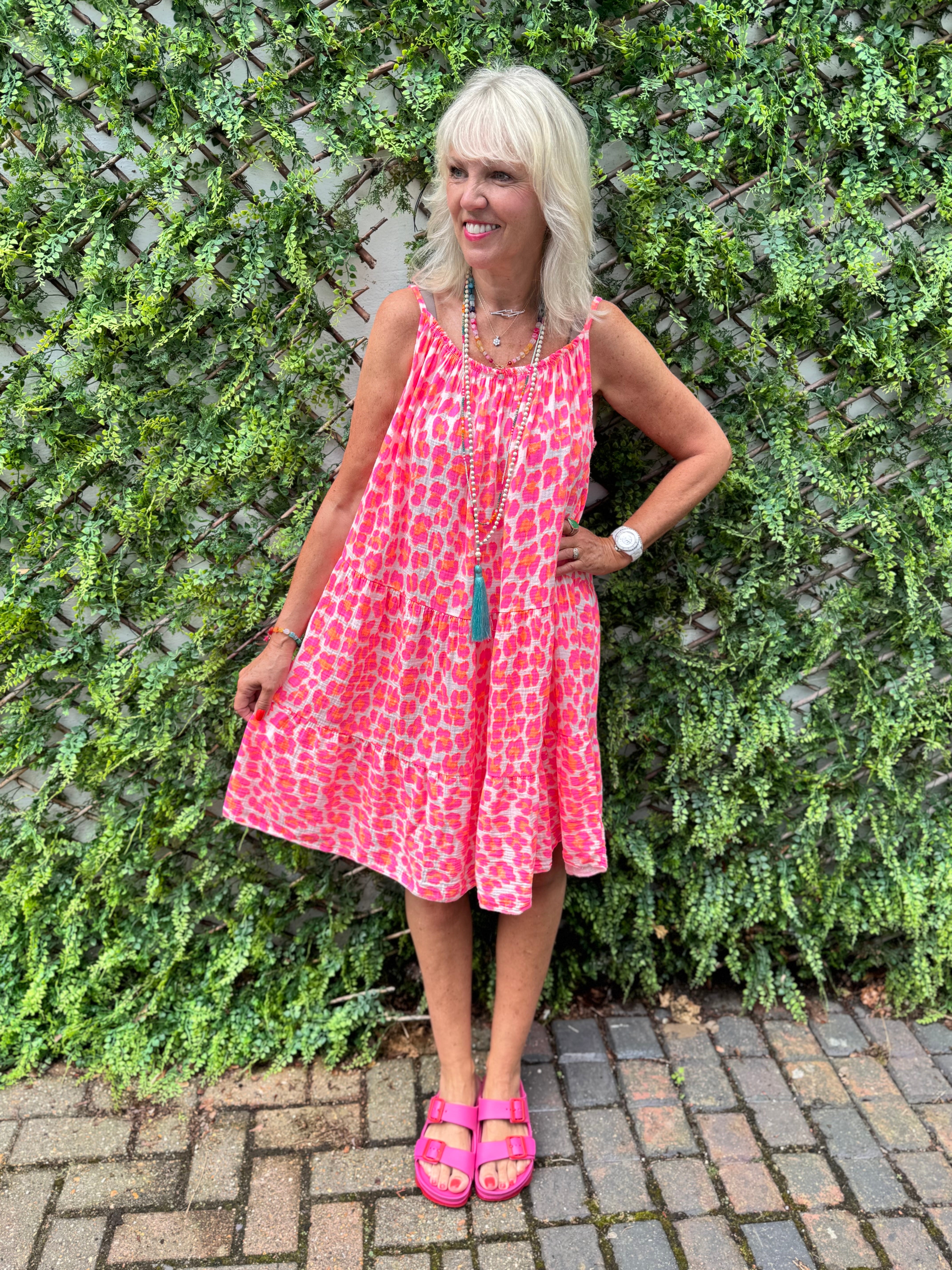 Leopard Cheesecloth Dress in Neon Pink