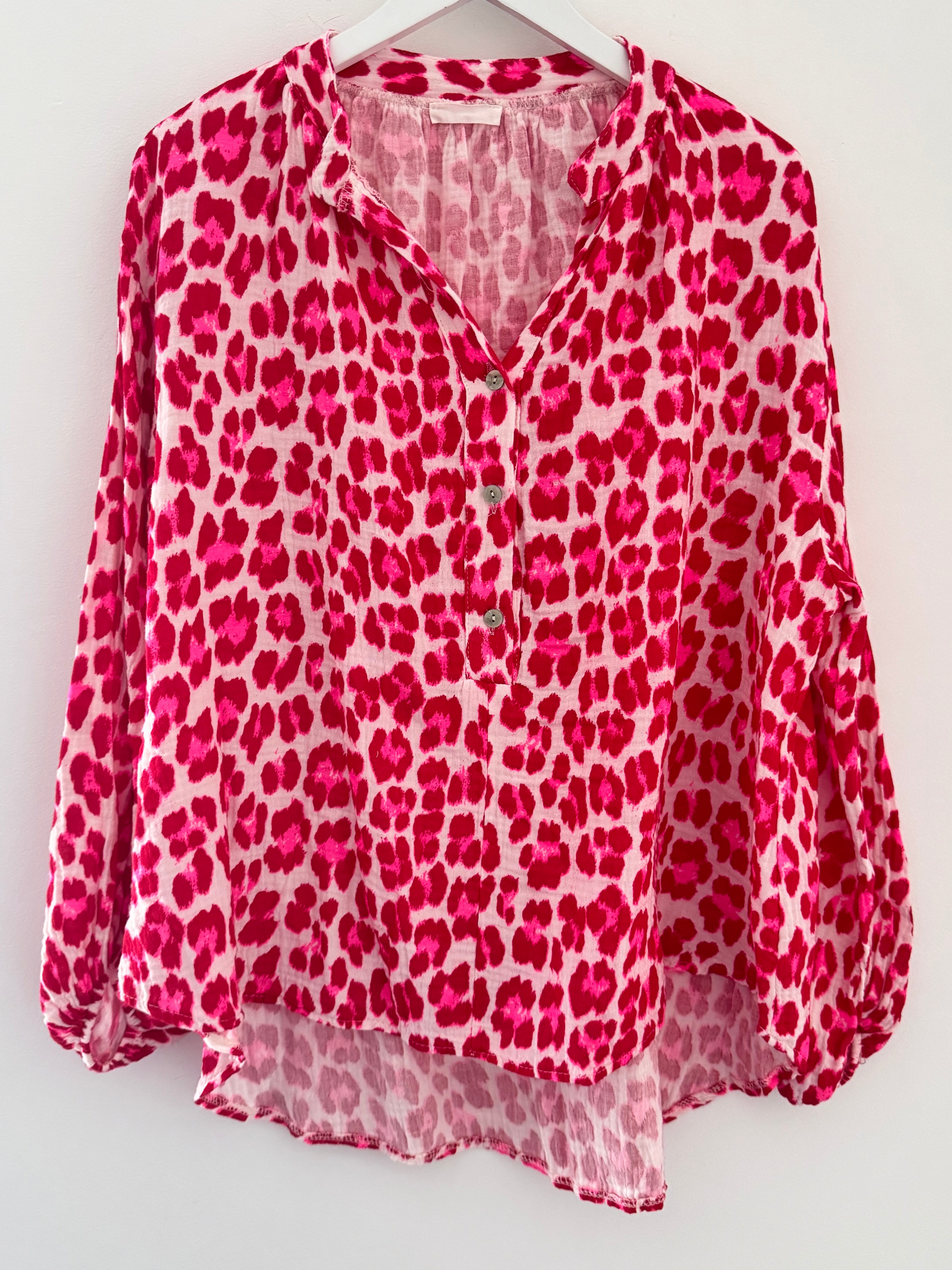 Oversized Cheesecloth Shirt in Red & Pink Leopard