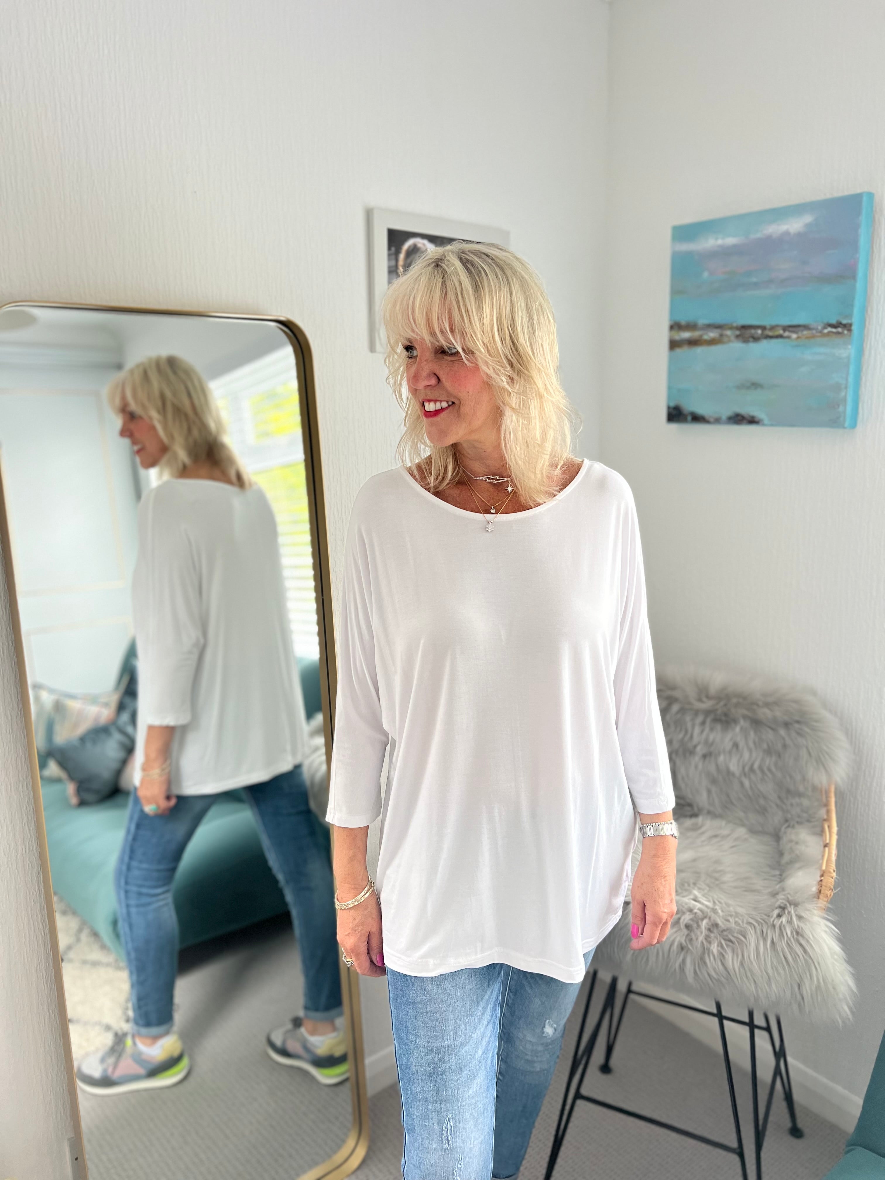 Bamboo Jersey Batwing Top in White