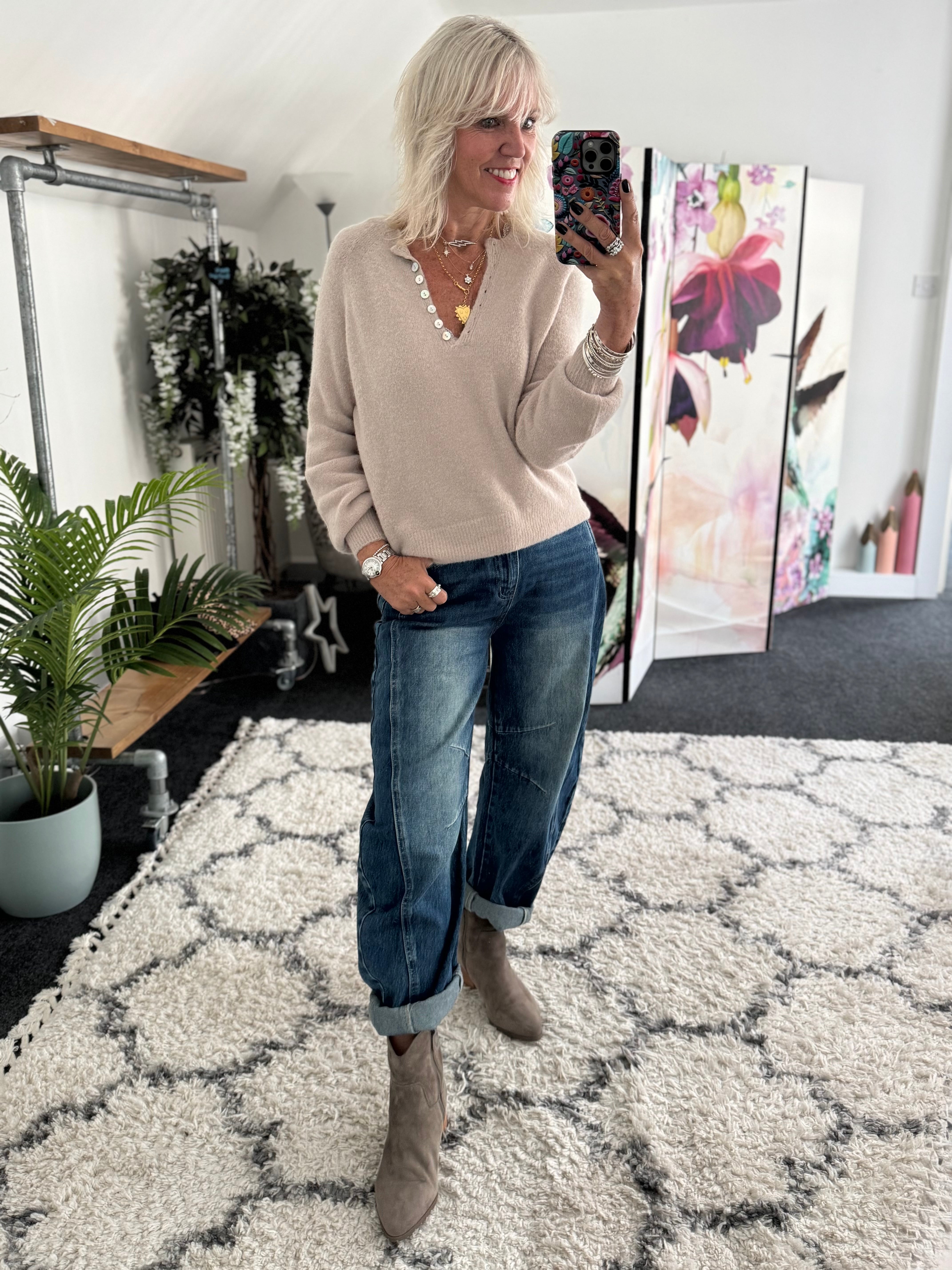 Softie Jumper with Button Neck in Stone