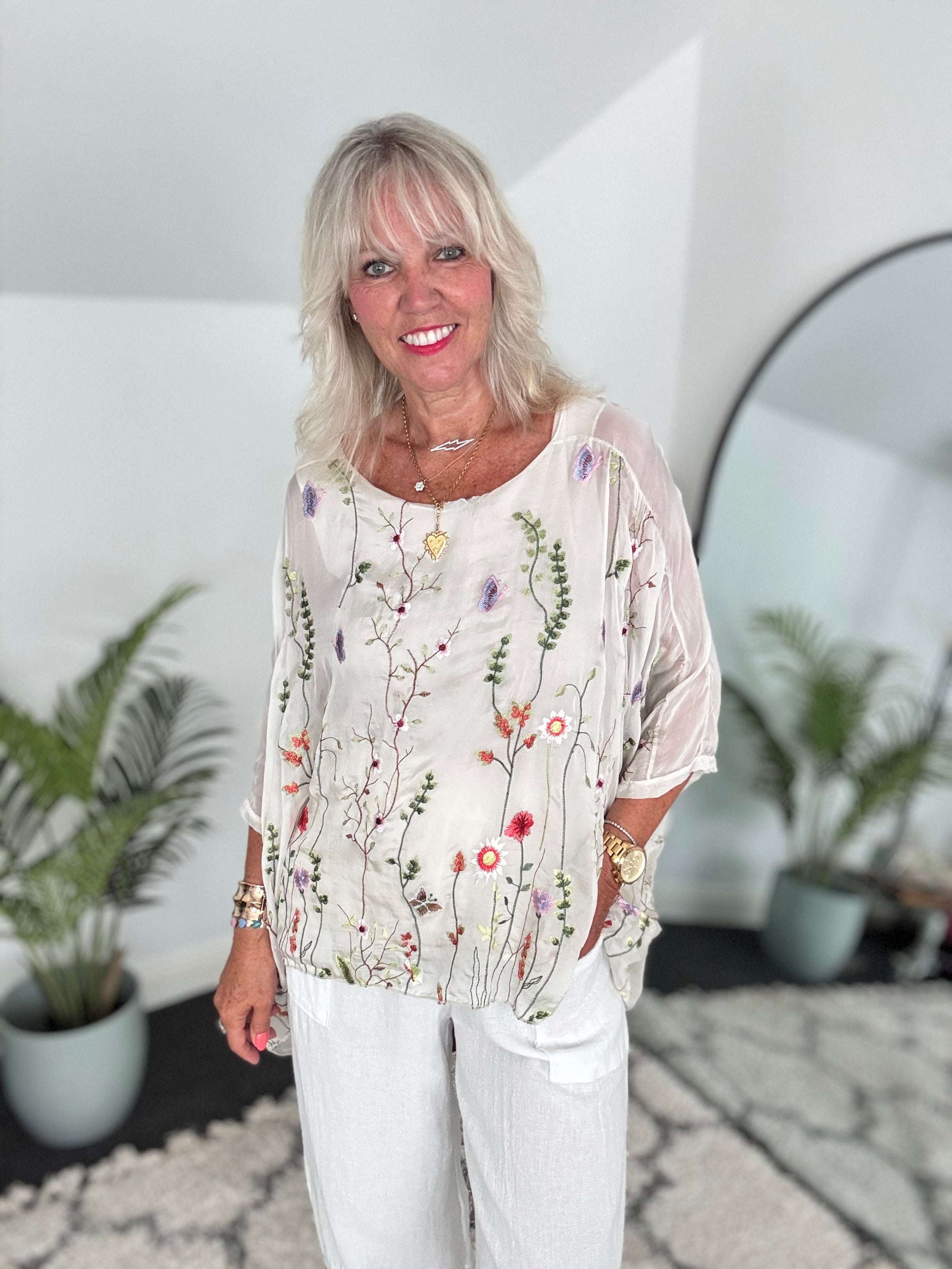 Silk Embroidered Top in Pale Ecru