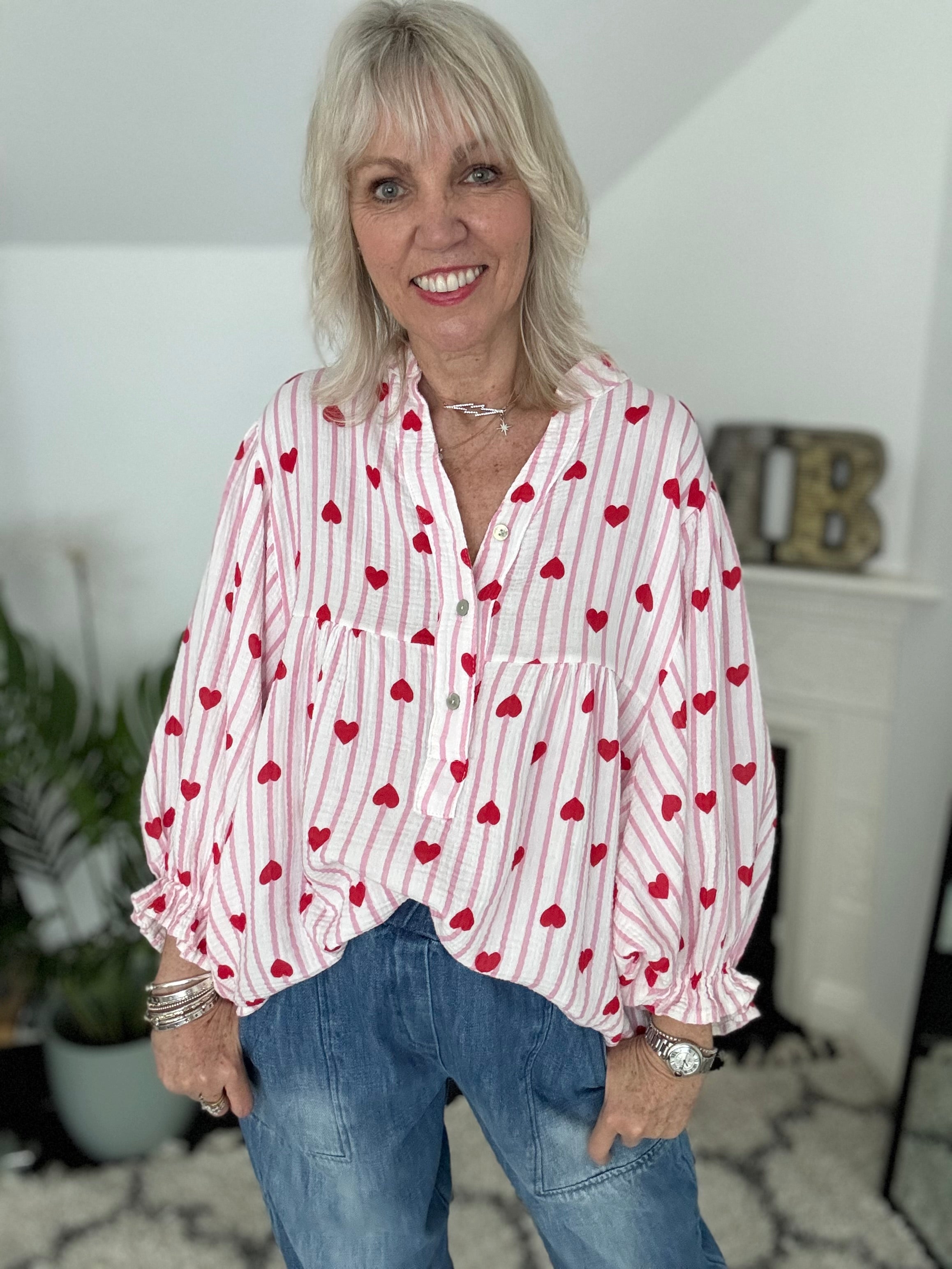 Oversized Cheesecloth Heart Blouse in Pink & Red