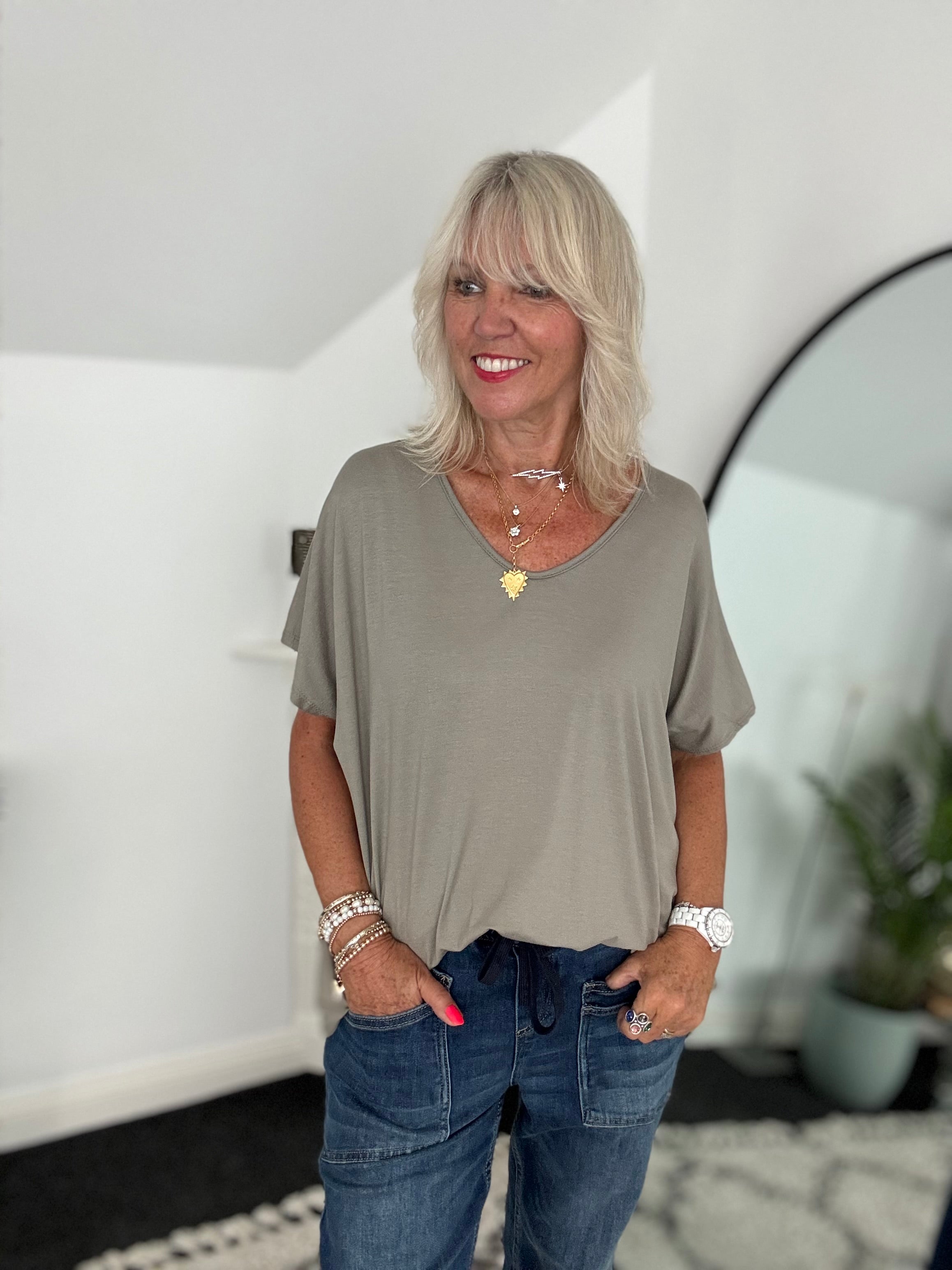 Oversized V Neck Tee in Taupe