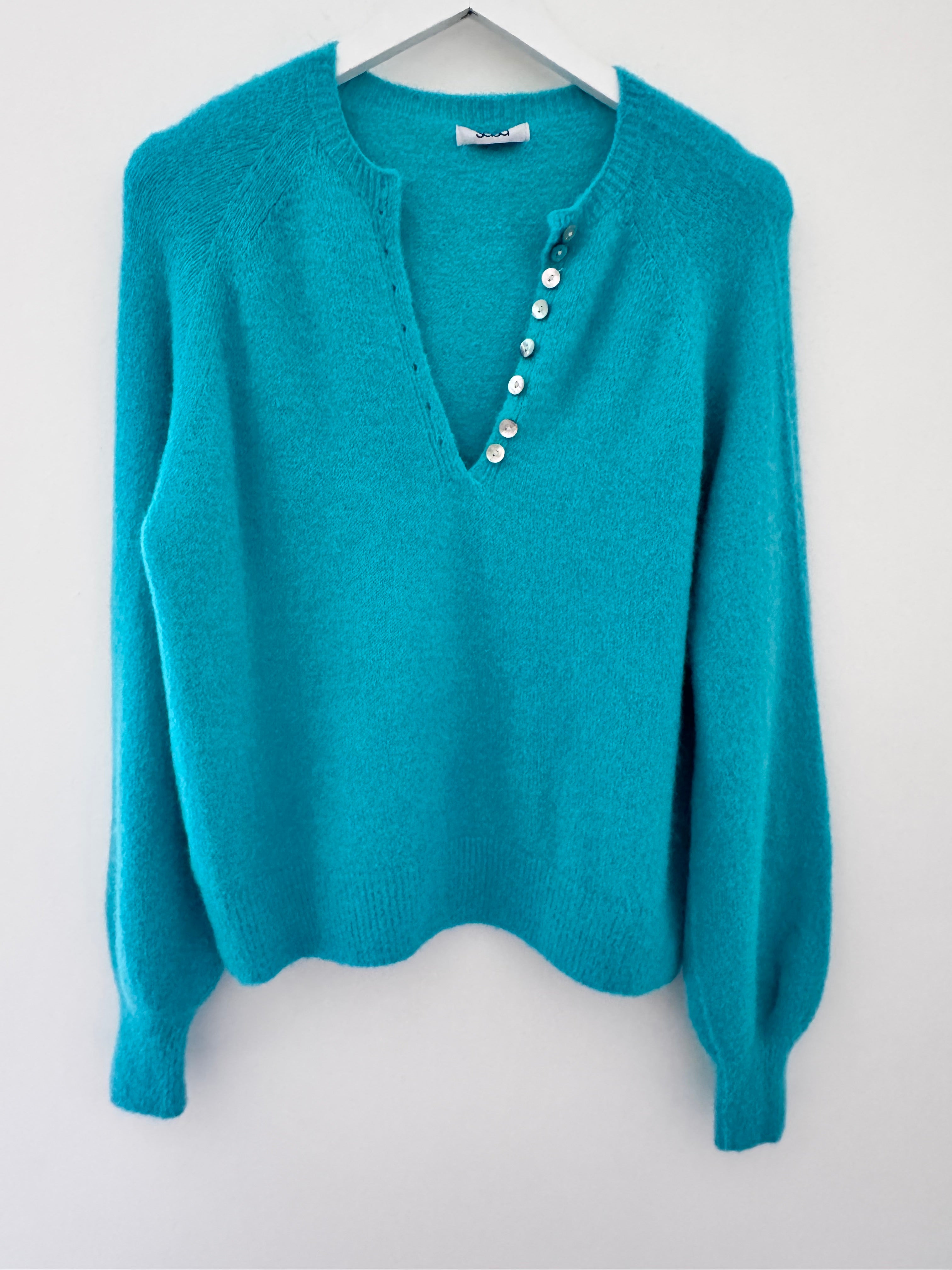 Softie Jumper with Button Neck in Turquoise