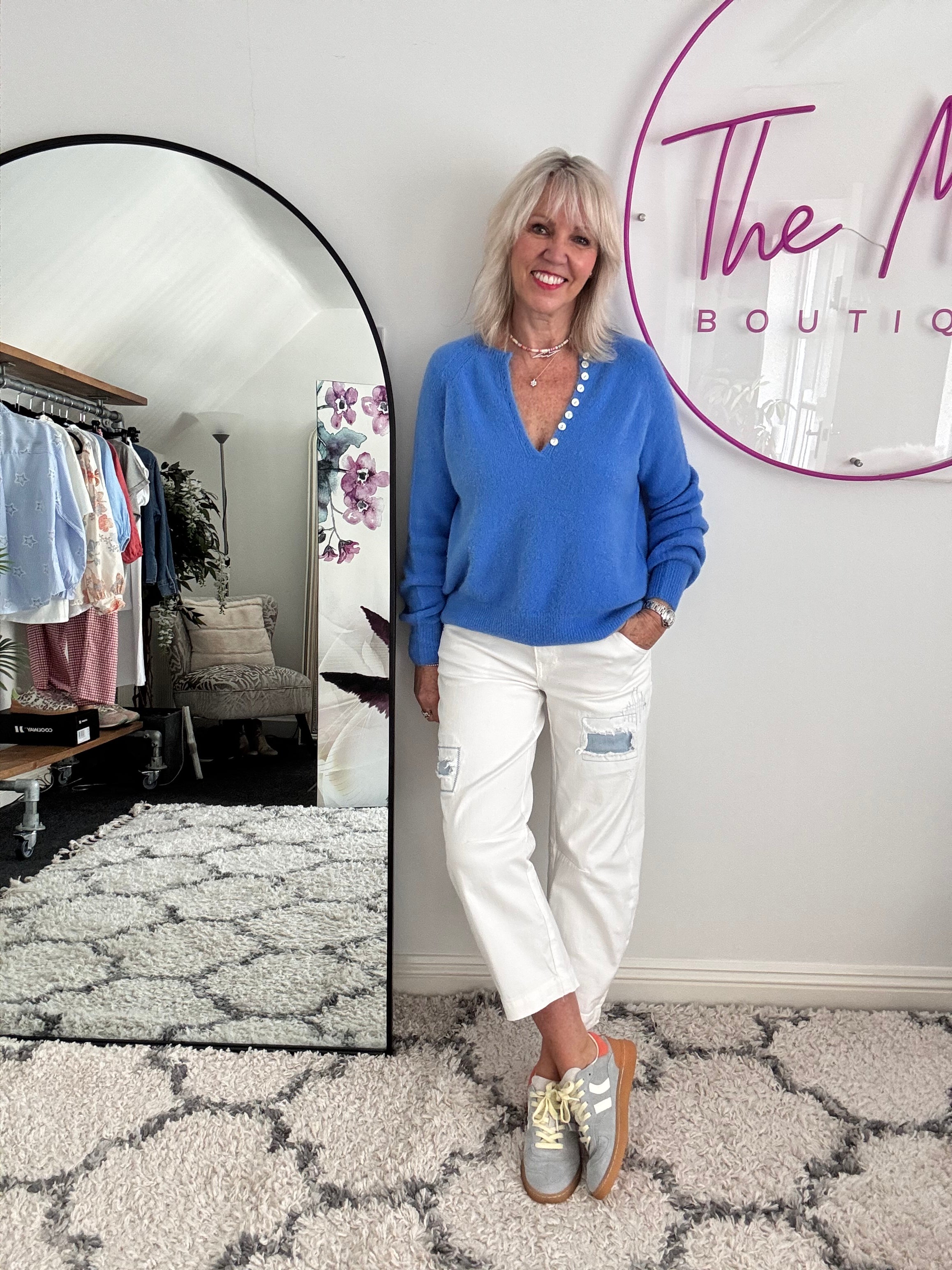 Softie Jumper with Button Neck in Cornflower