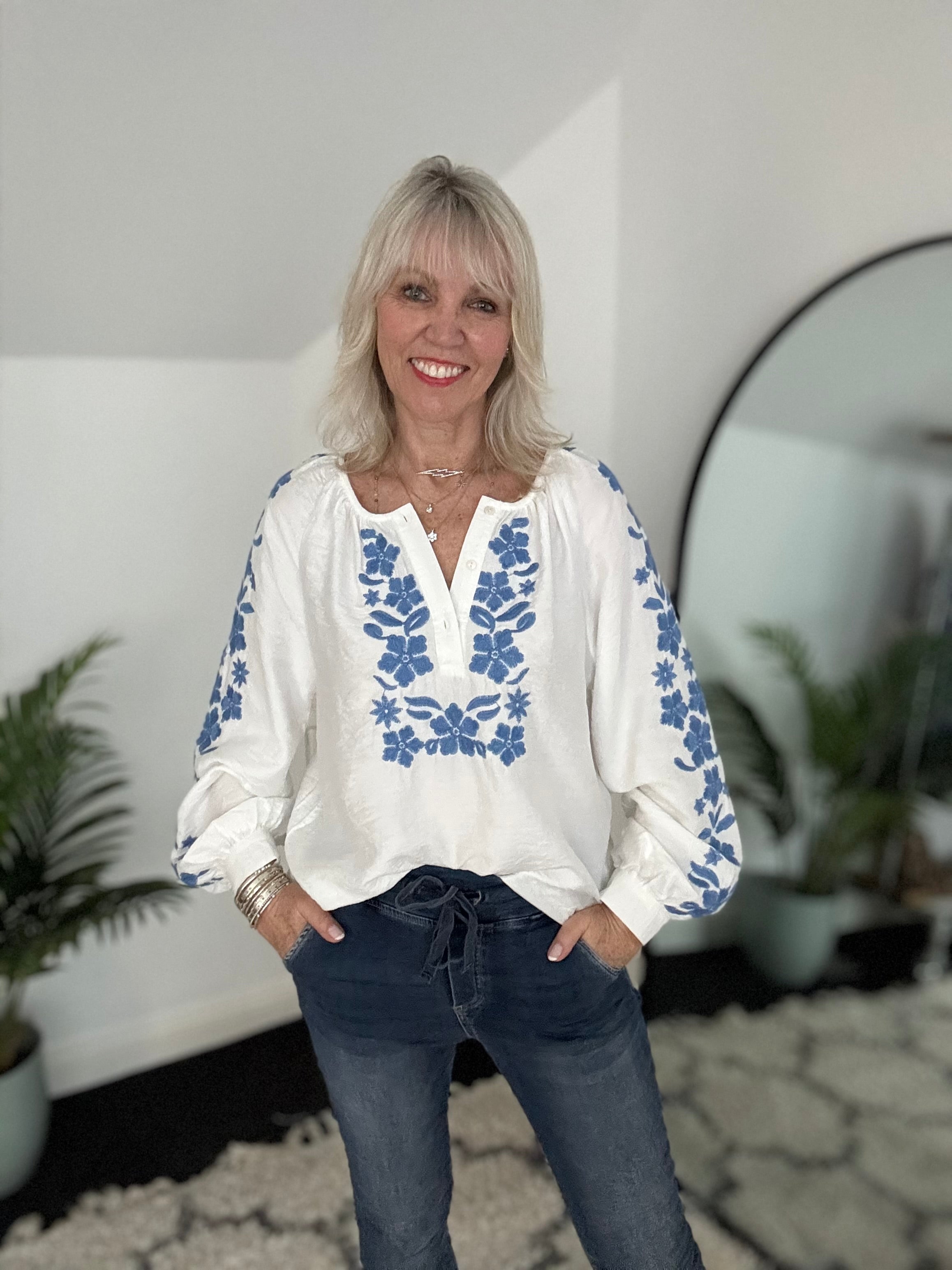 Embroidered Blouse in White & Blue