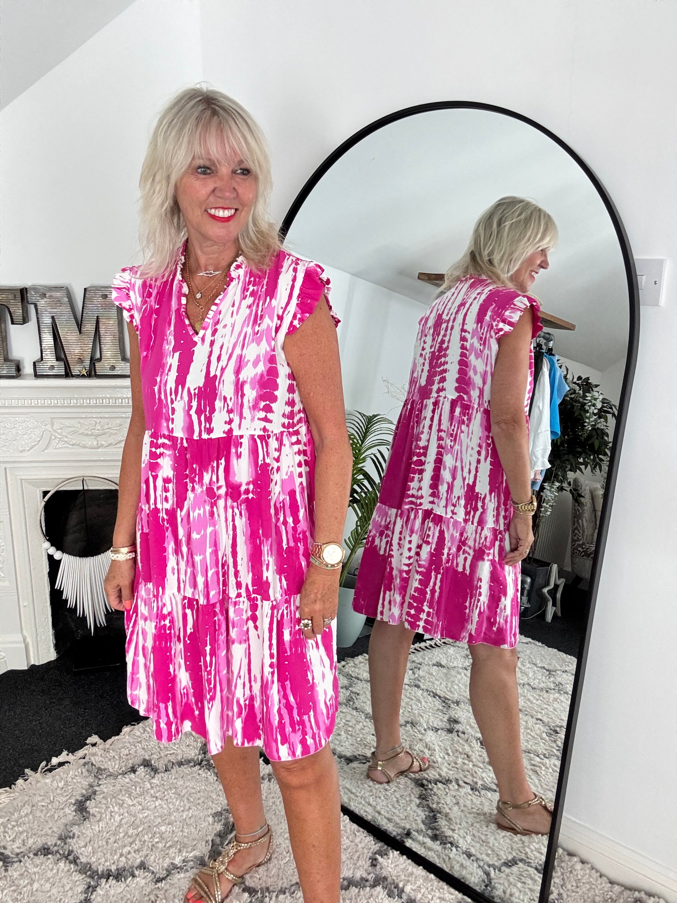 Tiered Sleeveless Dress in Fuchsia & White