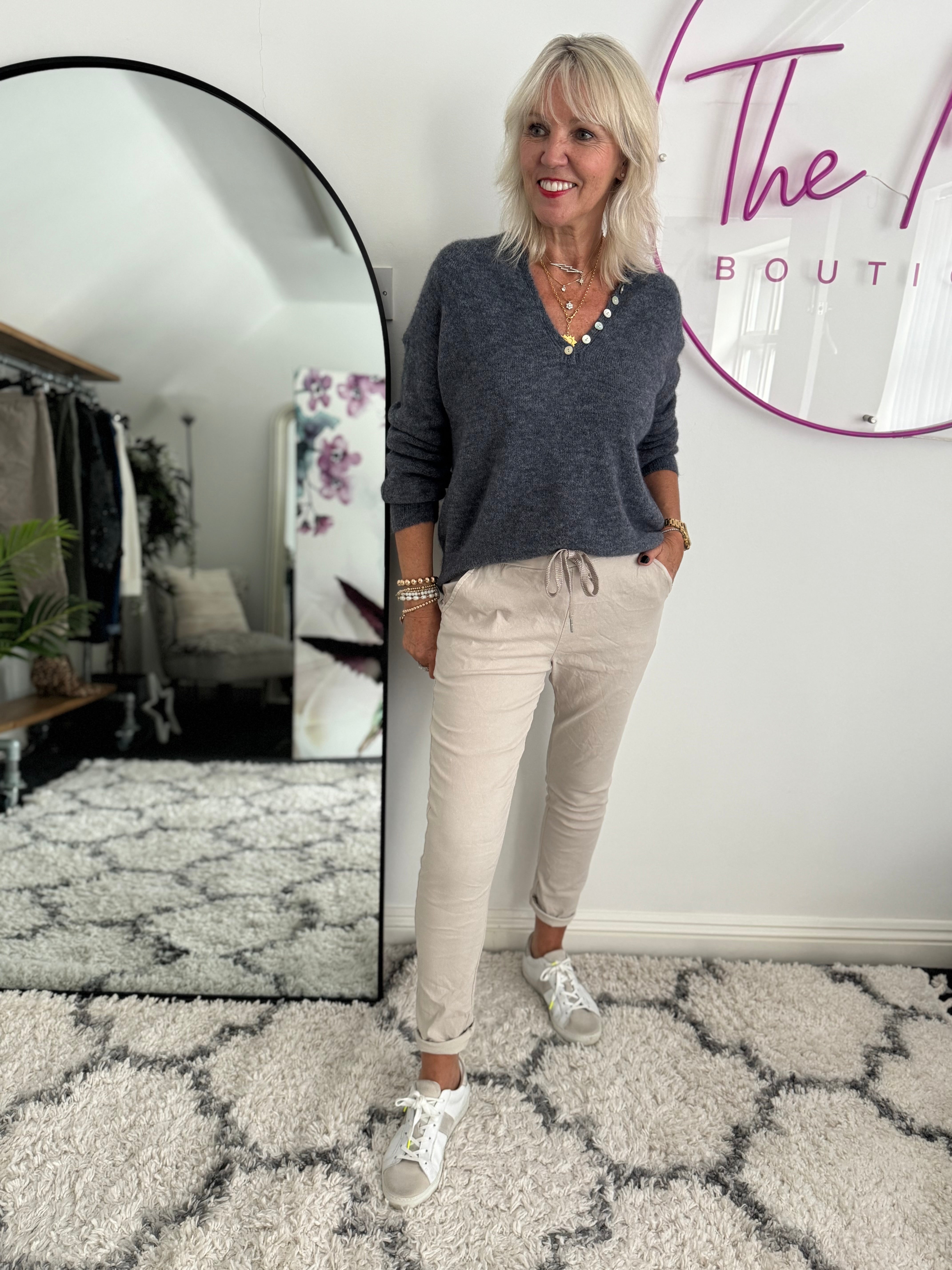 Super Stretch Joggers with Sparkly Tie in Stone
