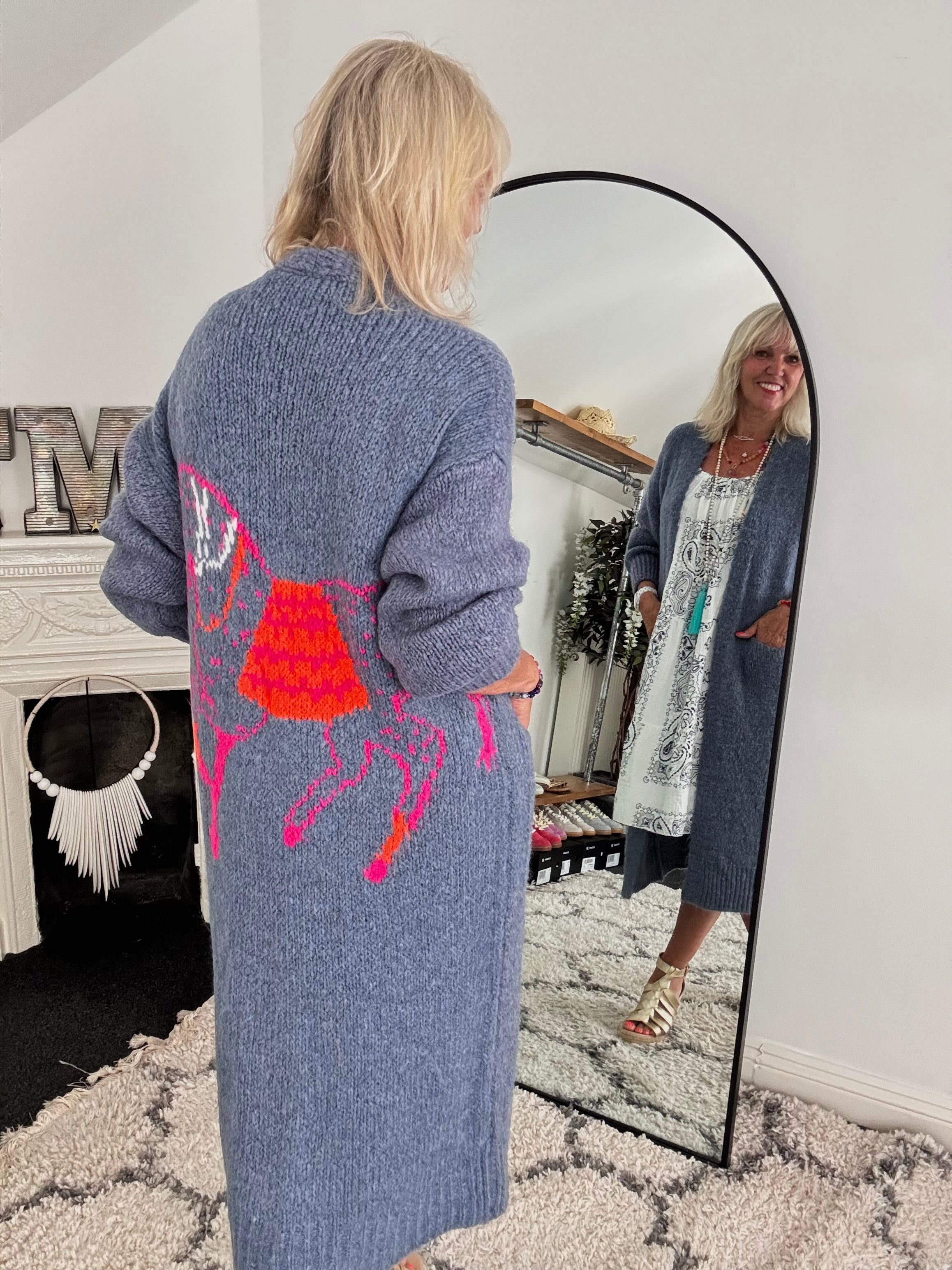 Luxe Neon Horse Cardi in Denim Blue