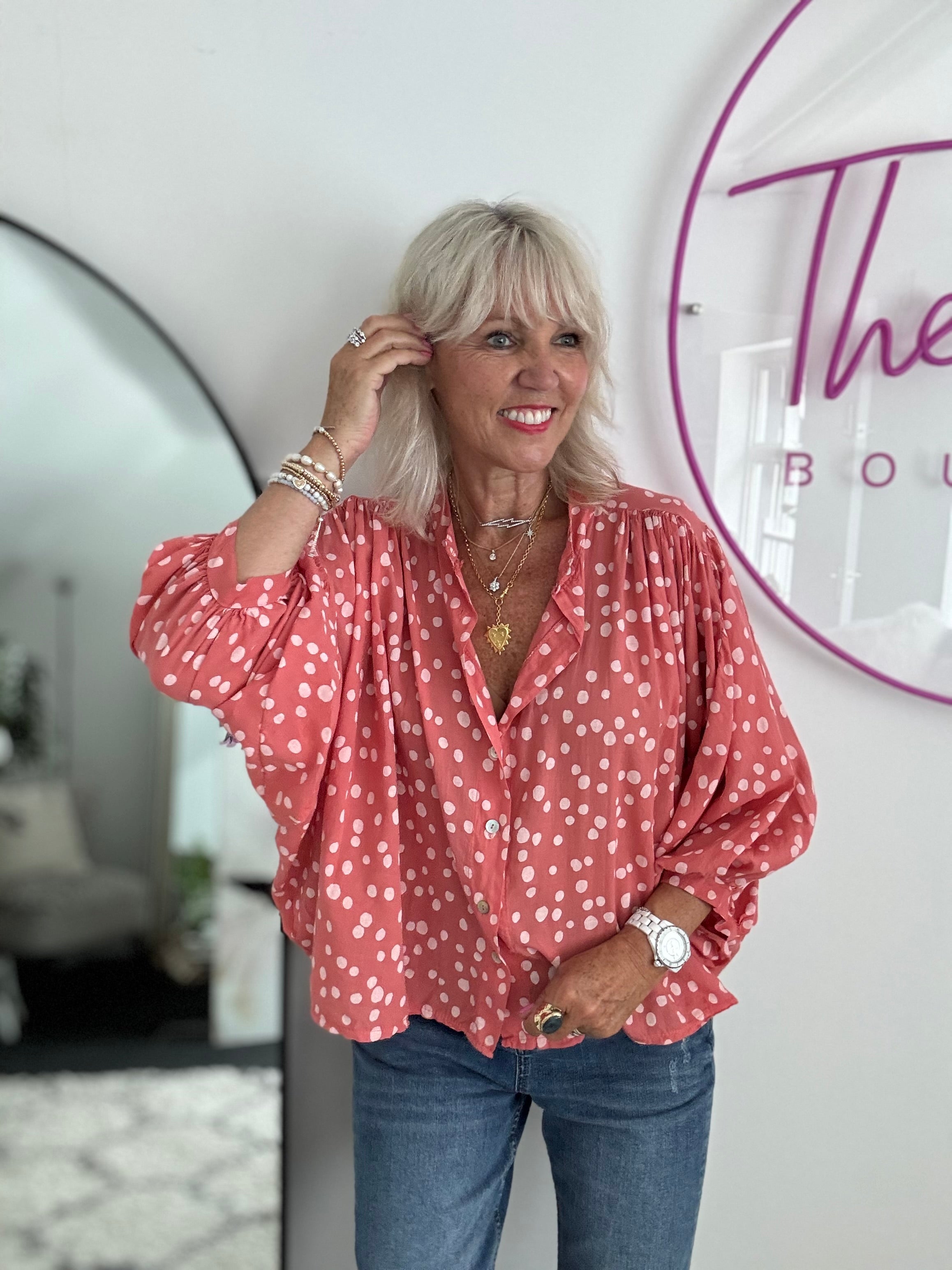 Cotton Batwing Blouse in Coral Spot