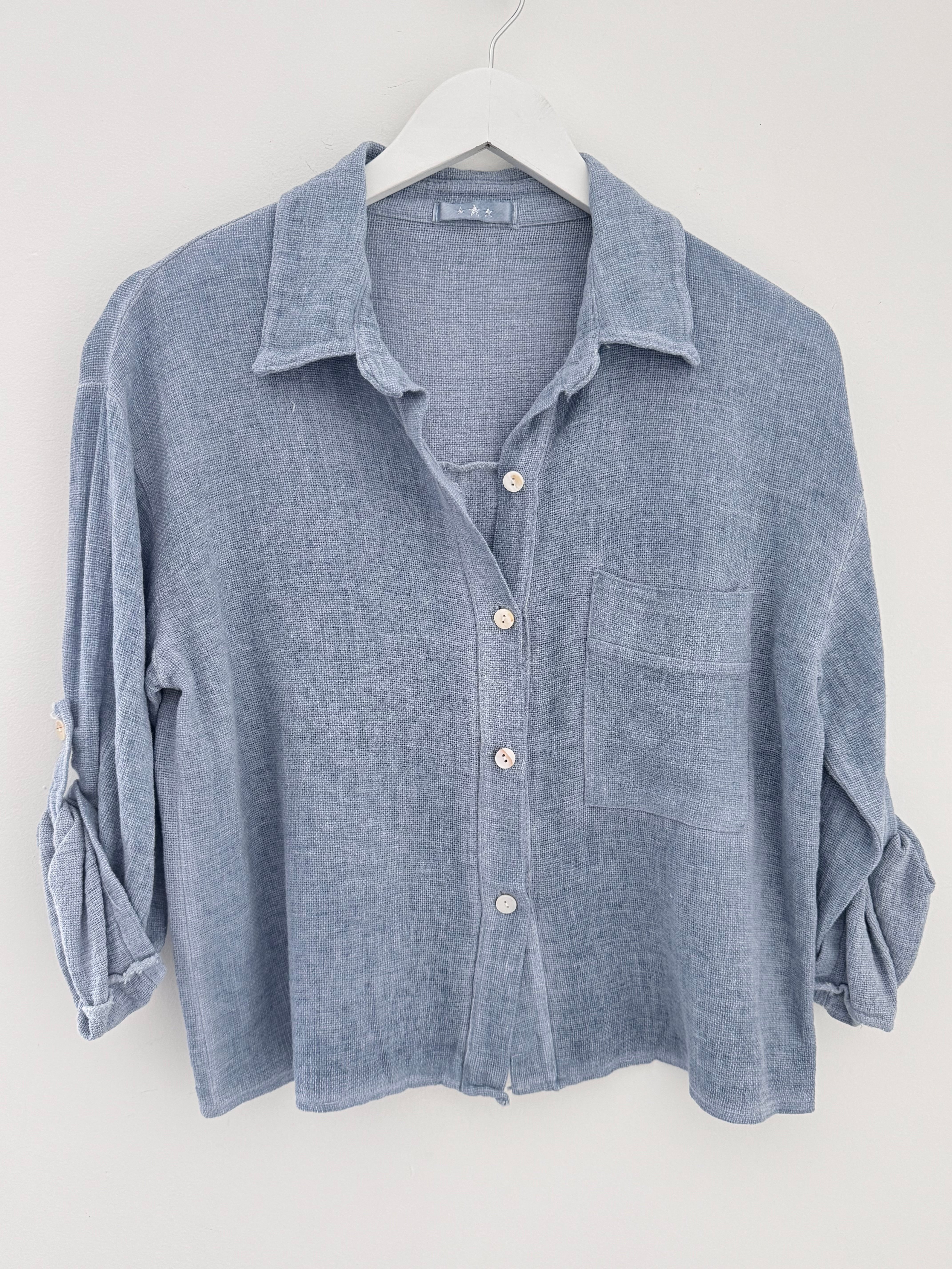 Linen & Cotton Pocket Top in Denim Blue