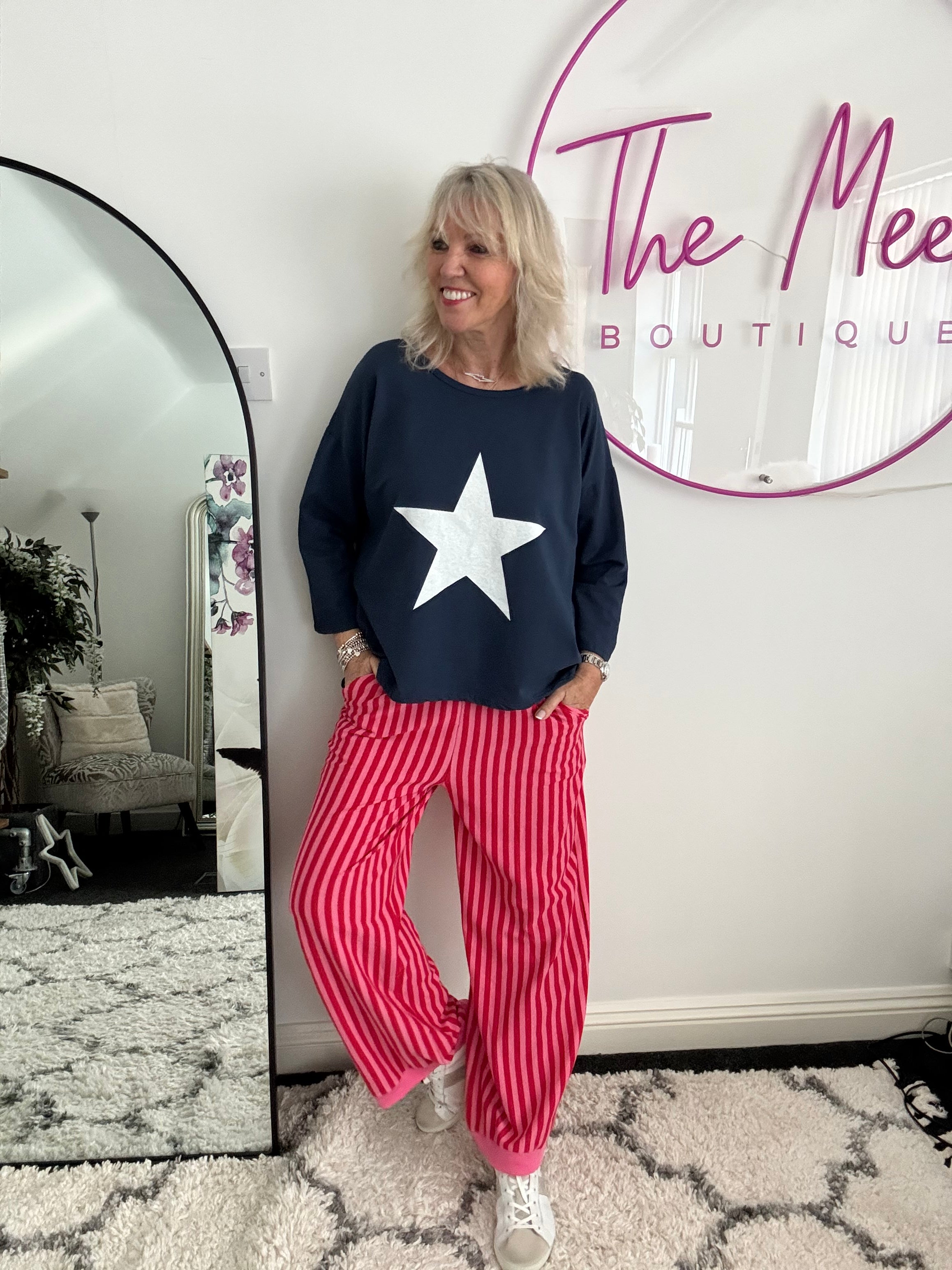 Stretch Stripe Trousers in Pink & Red