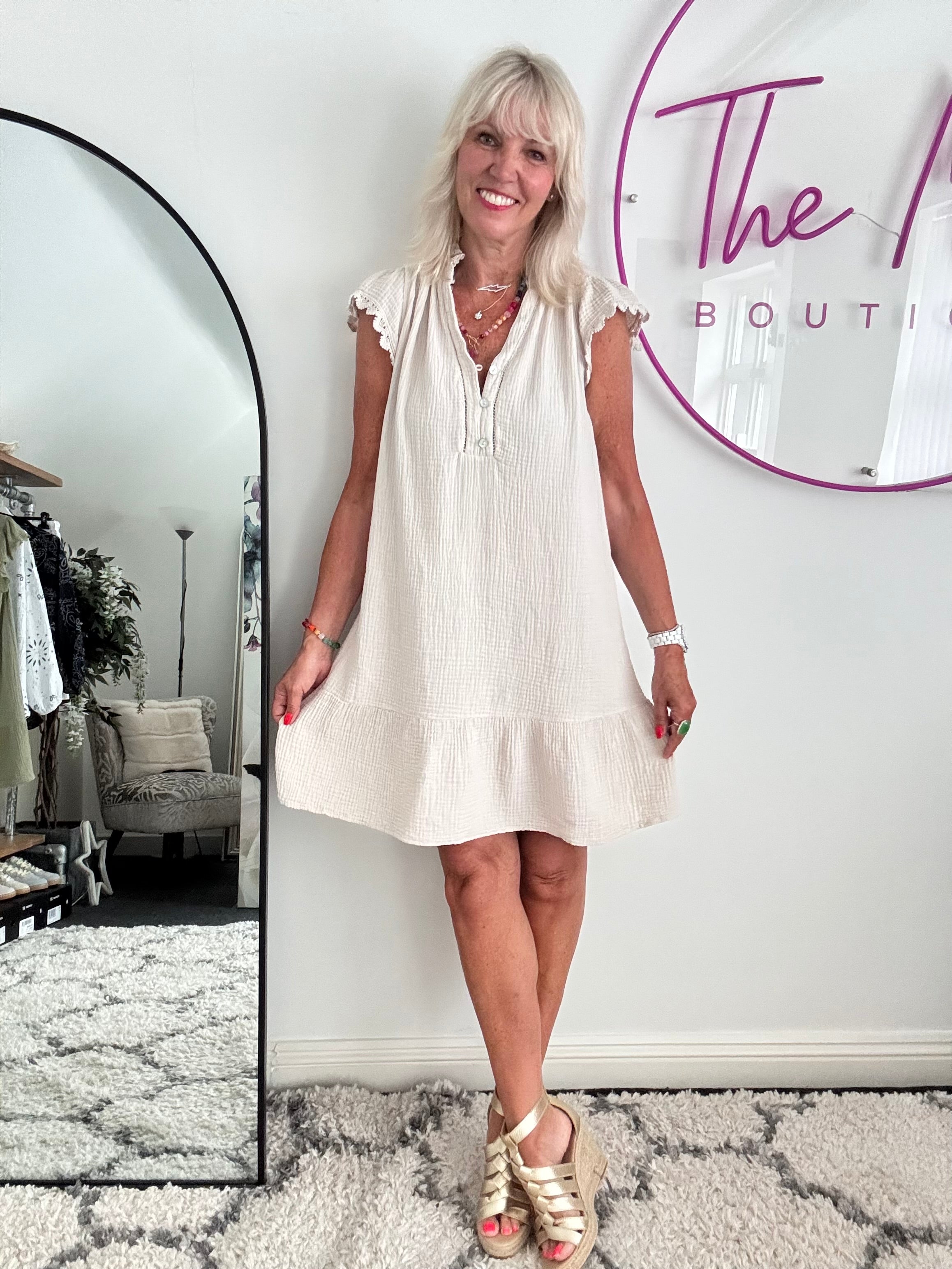 Cheesecloth Dress with Lace Edge Sleeves in Stone