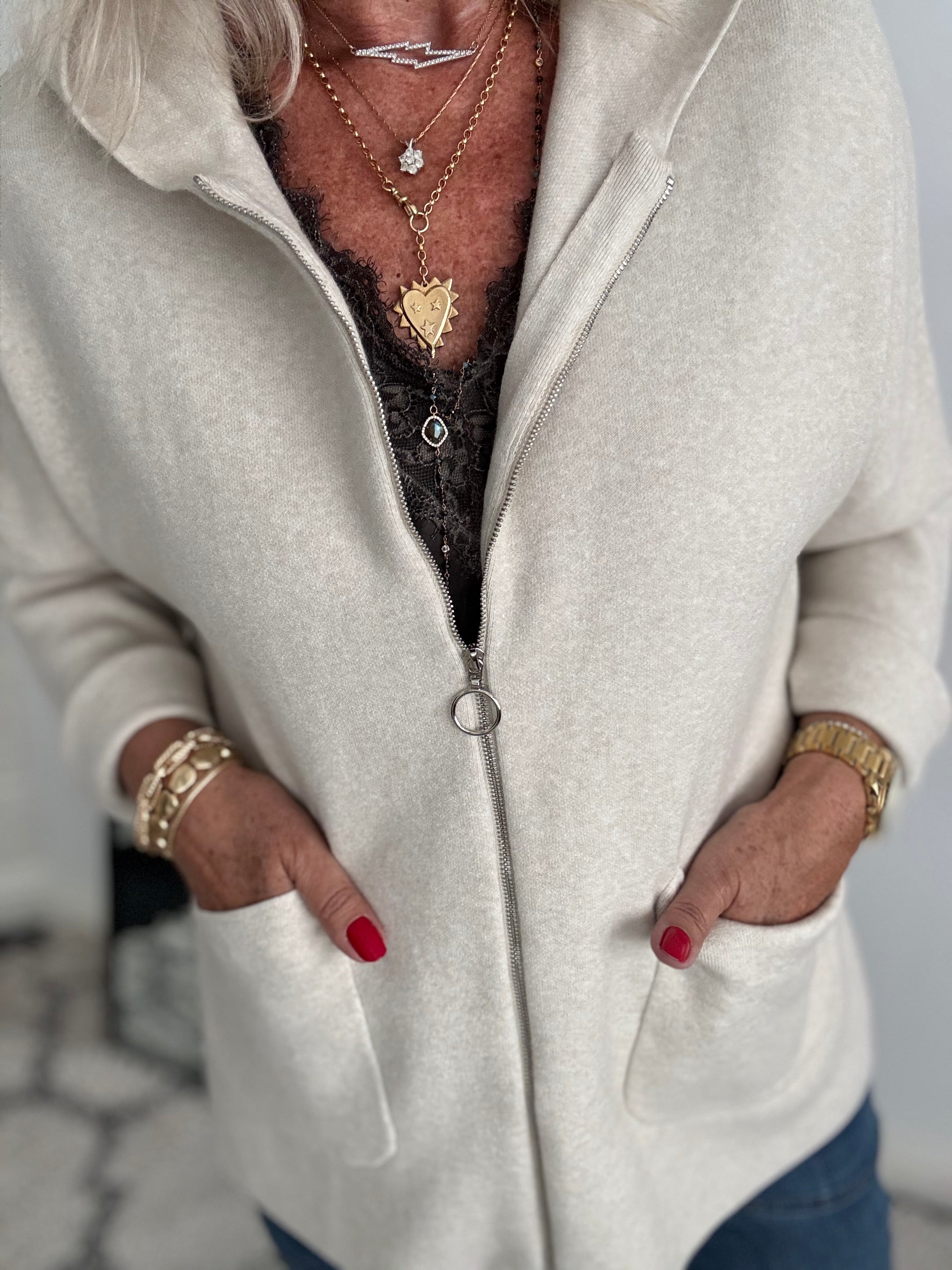 Hooded Zipped Coatigan in Ecru