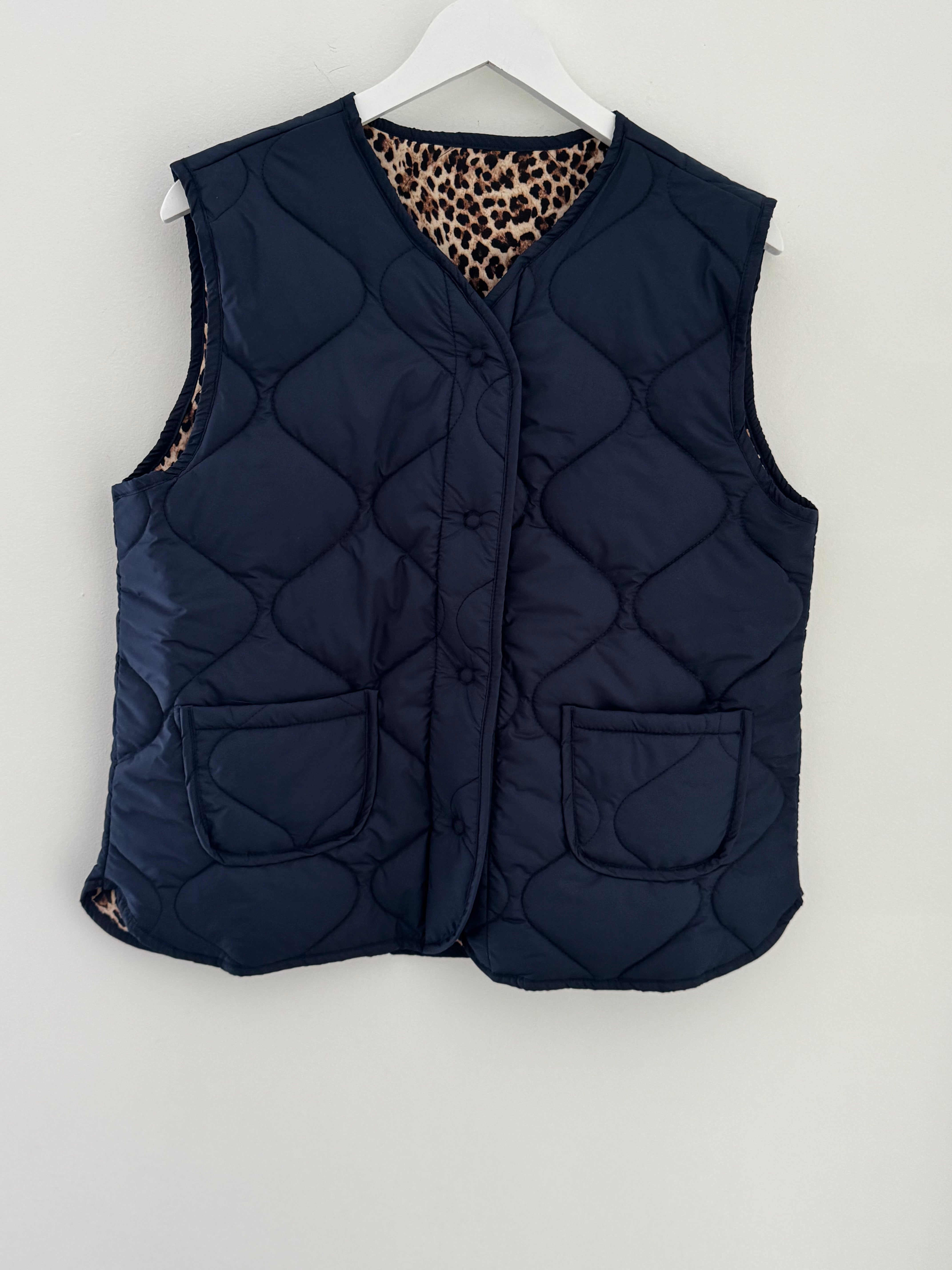 Reversible Quilted Gilet in Navy & Leopard