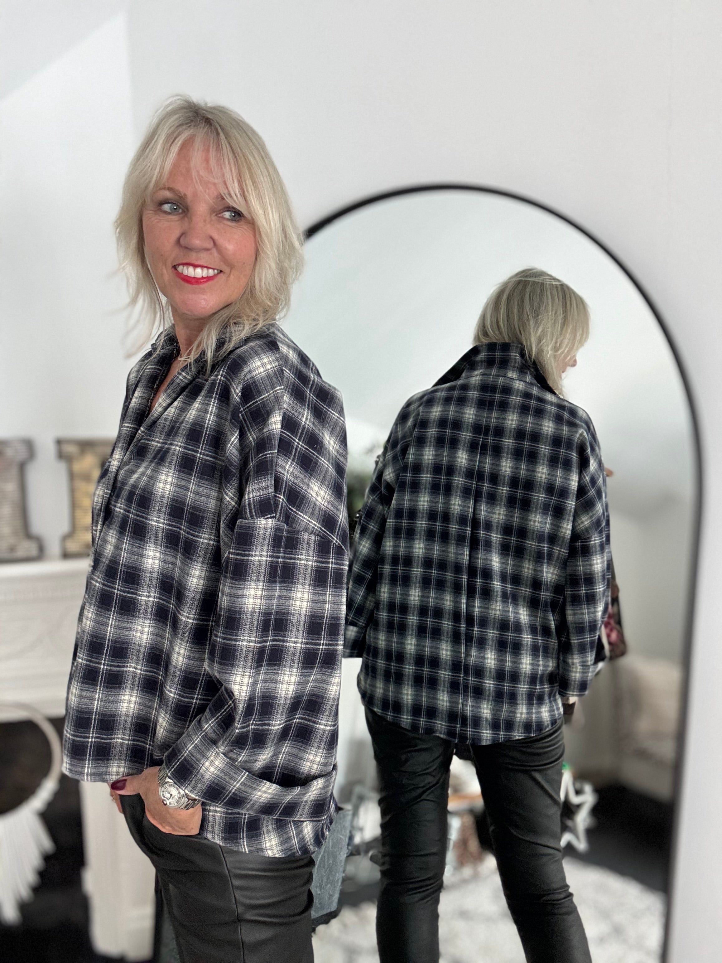 Soft Checked Shacket in Inky Charcoal