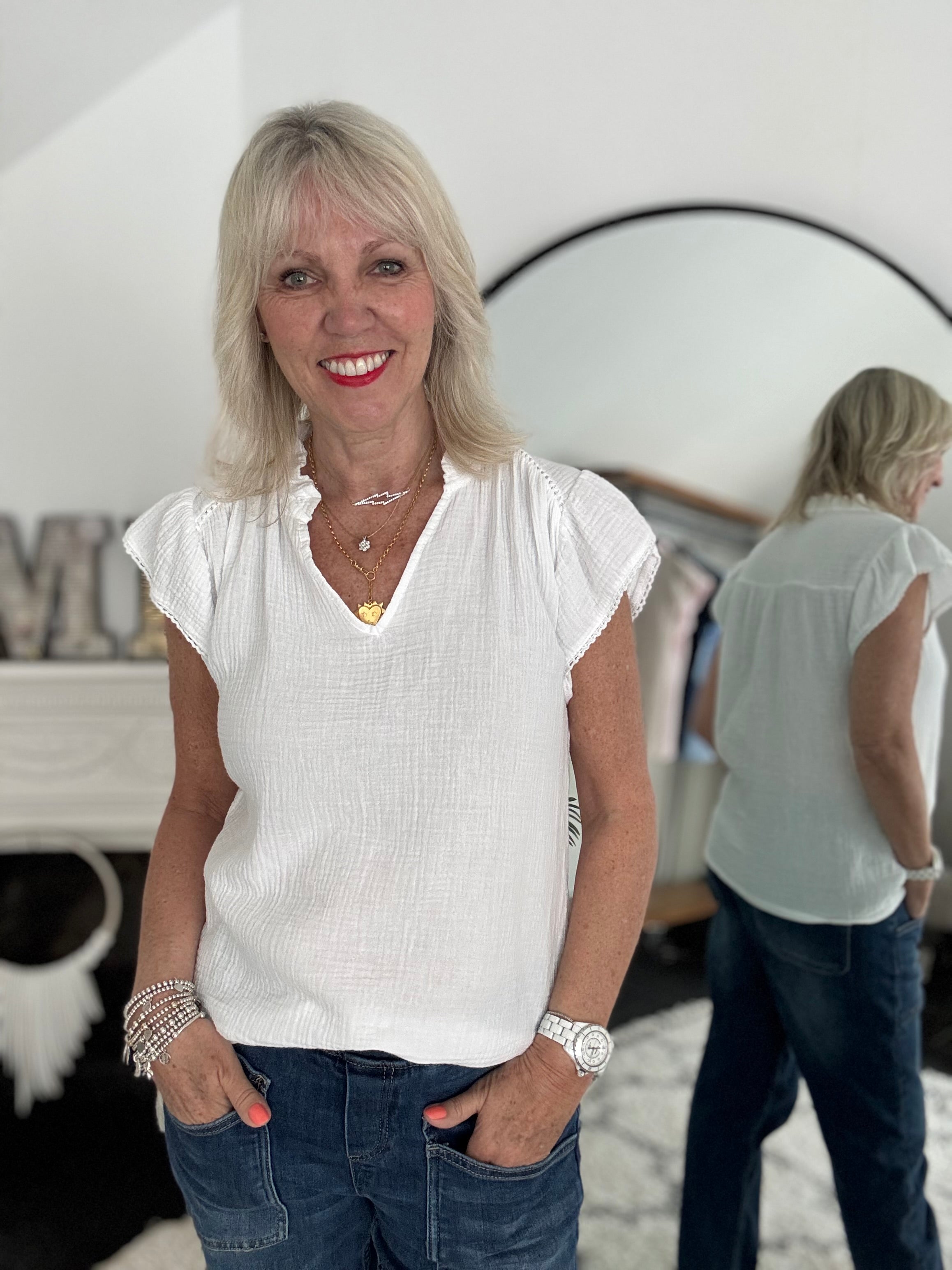 Cheesecloth Top with Ruffle Sleeves in White