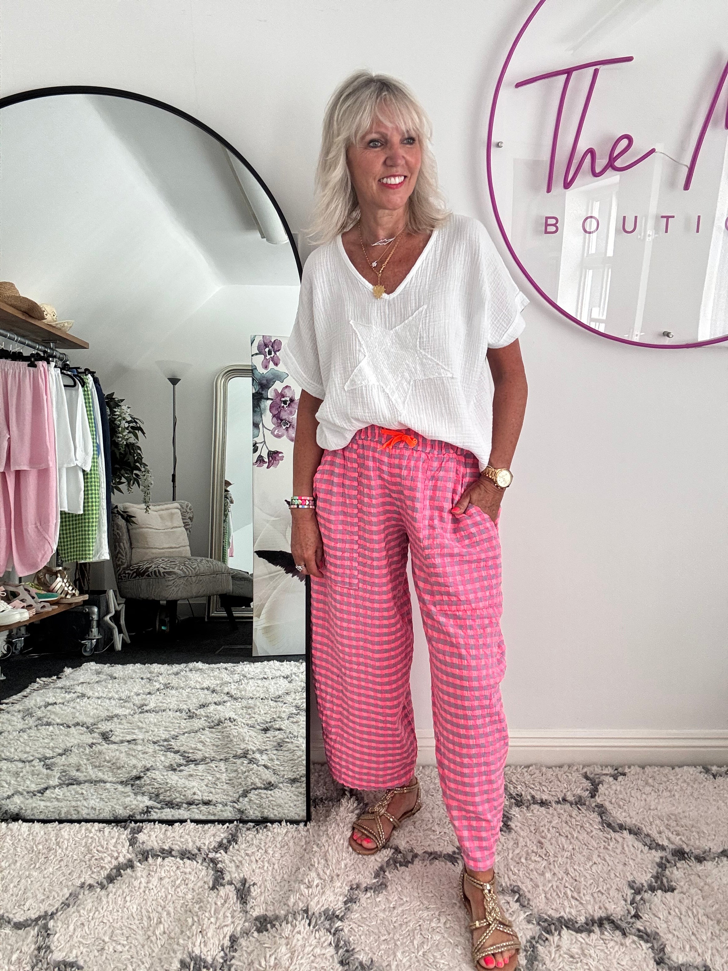 Barrel Check Trousers in Neon Pink