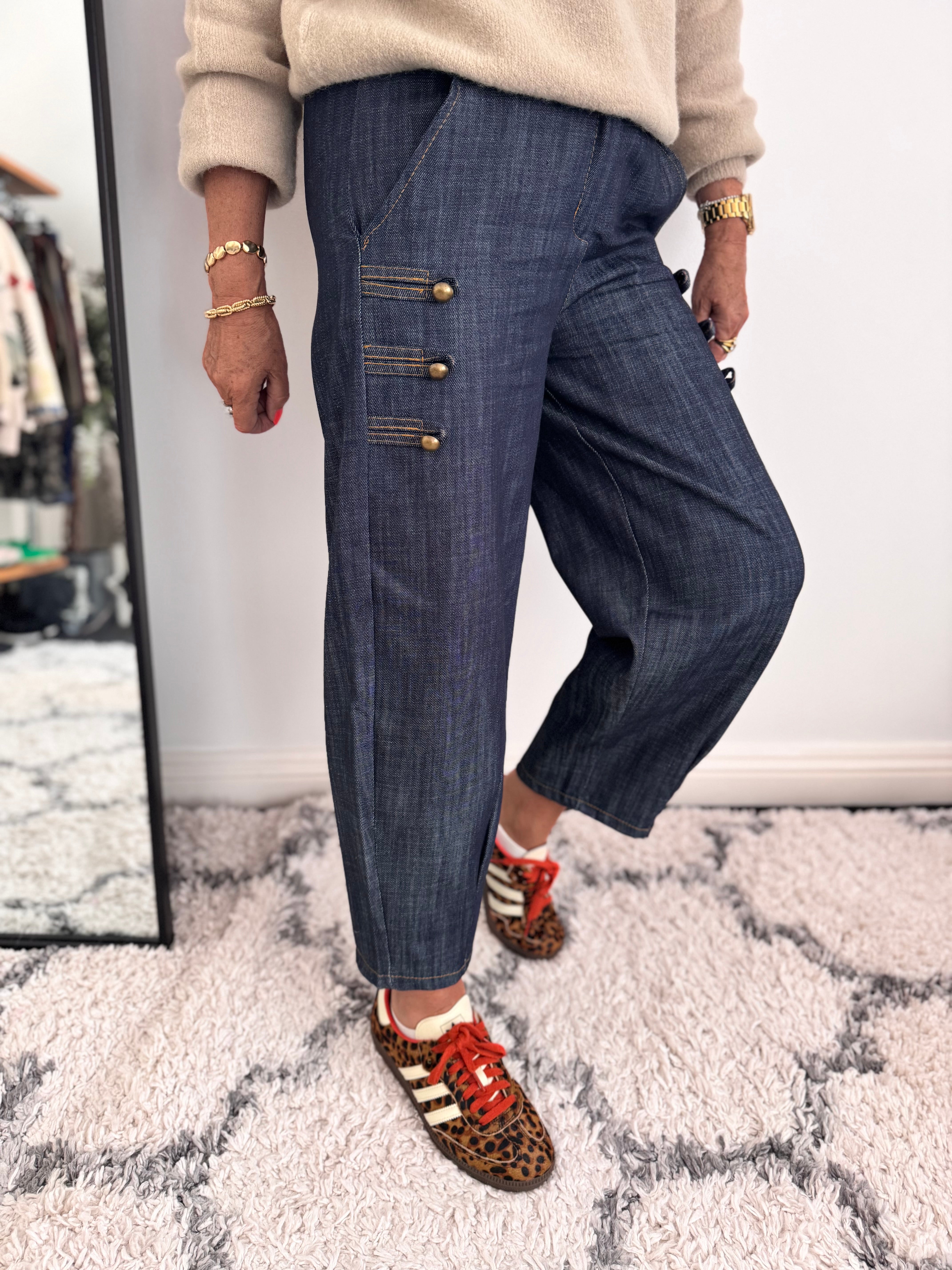 Military Barrel Leg Trousers in Dark Denim